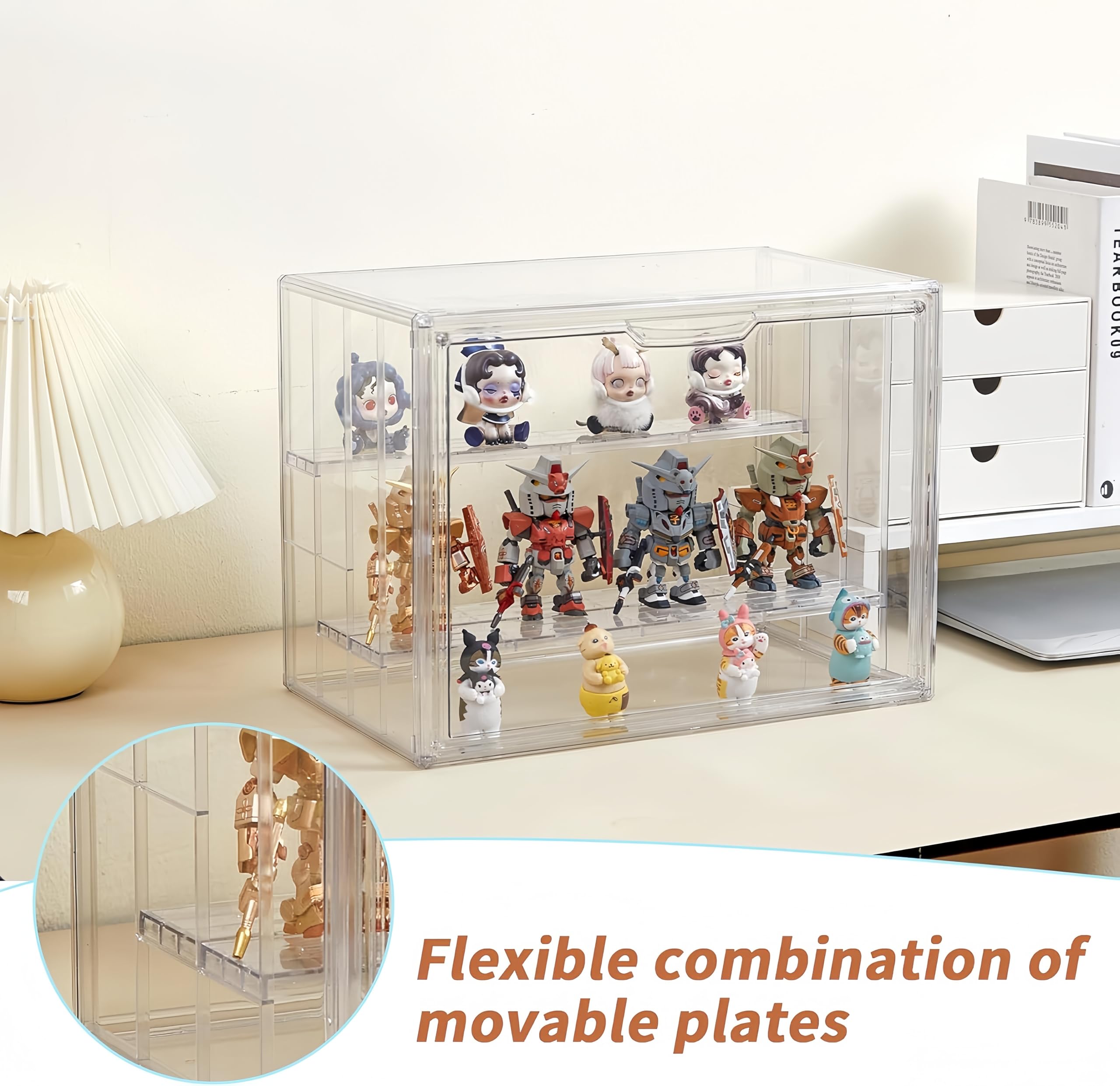 Vitrina acrílica transparente para figuras, estante de exhibición de figuras de 4 capas con 3 placas móviles, caja de exhibición apilable con puerta magnética para coleccionables, paquete de 3