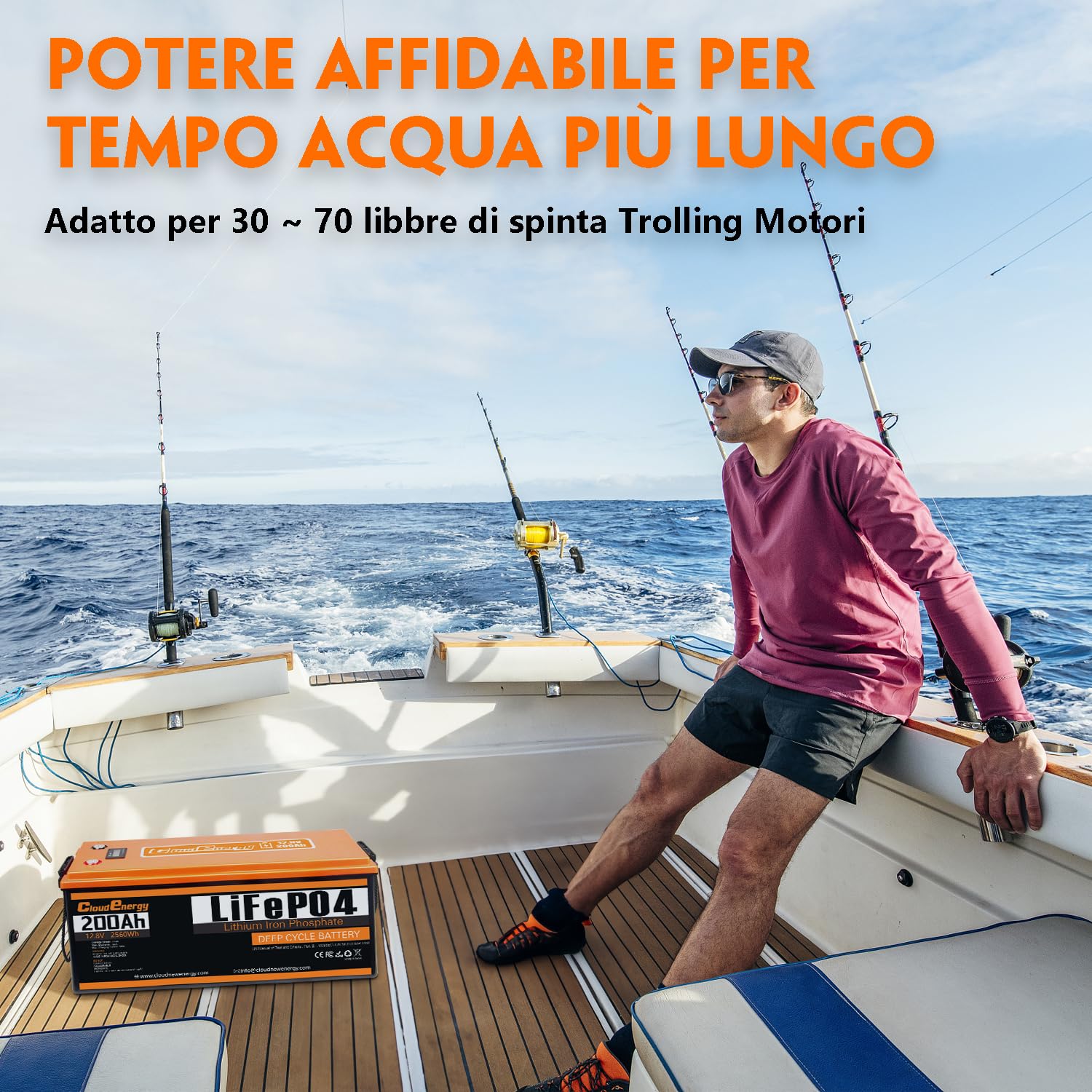 Batteria al litio Cloudenergy 12V LiFePO4 200Ah con durata di oltre 10 anni, oltre 6000 cicli, potenza 2560Wh. IP65, ideale per applicazioni marine, solari e RV.