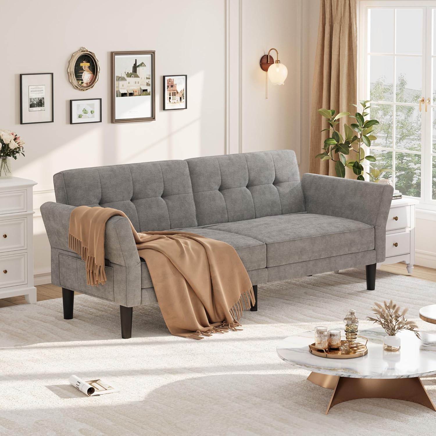 GarveeHome 89 in Futon Sofa Bed, Convertible Sleeper Sofa with Adjustable Backrest & Armrest, Modern Loveseat Sleeper for Living Room Bedroom Apartments, Grey GarveeHome 89 in Futon Sofa Bed, Convertible Sleeper Sofa with Adjustable Backrest & Armrest, Modern Loveseat Sleeper for Living Room Bedroom Apartments, Grey
