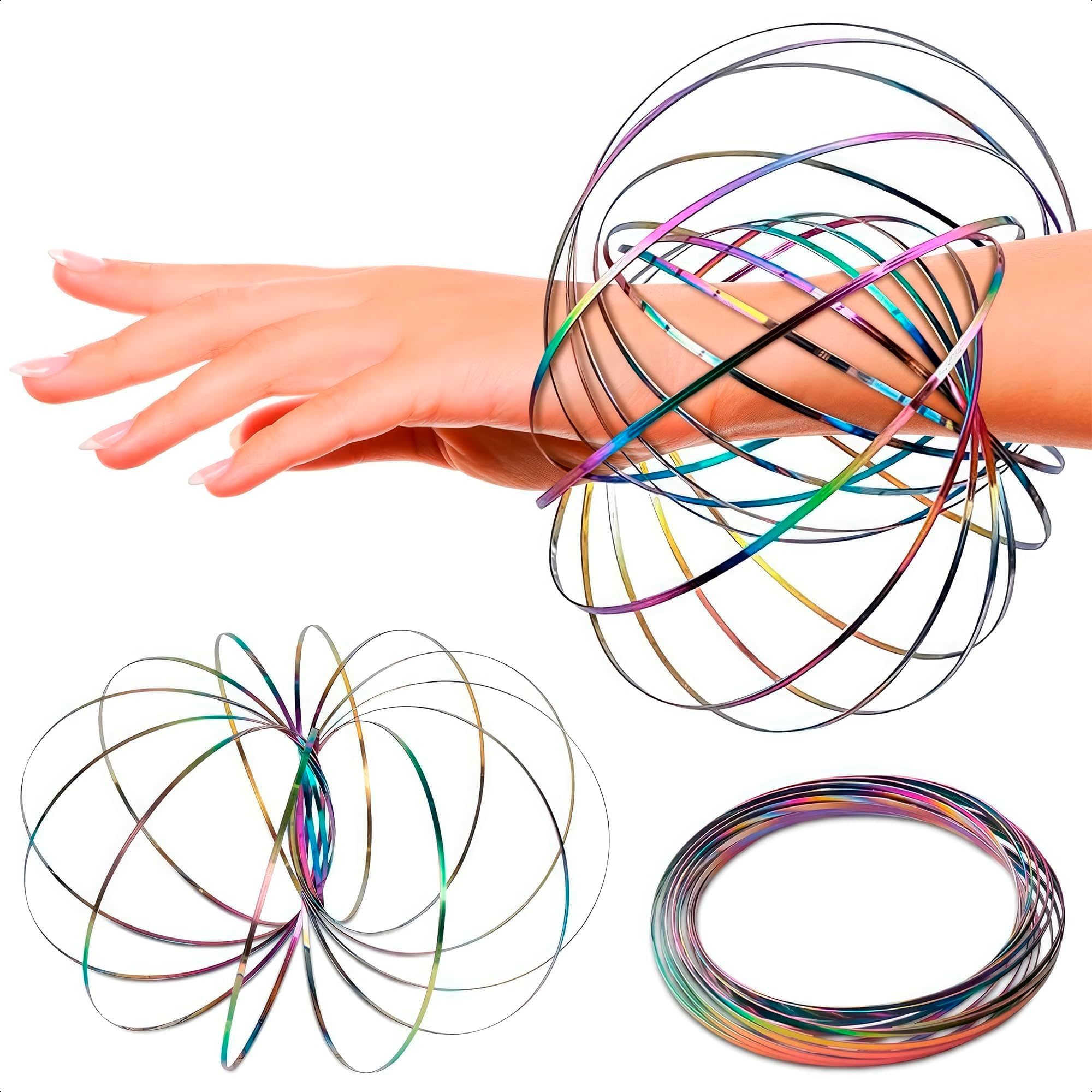 Spinner Ring Arm Toy 5.1" - Rugged, Corrosion Resistant Stainless Steel Geometric Sensory Spring Toy, Changing Colors, Compact Size - Comfortable Fit Magic Flow Bracelet with Calming Effect