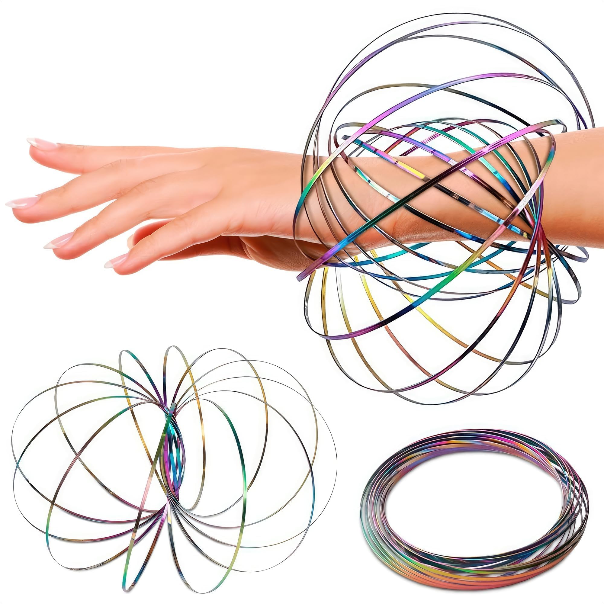 Amazing Magic Flow Rings Kinetic Educational Spring Toy Funny Outdoor Game Intelligent Relax 3D Kinetic Ring Spring Bracelet Stainless Metal Galactic Globe Toy Fit for Kids Boys Girl Adults (Rainbow)