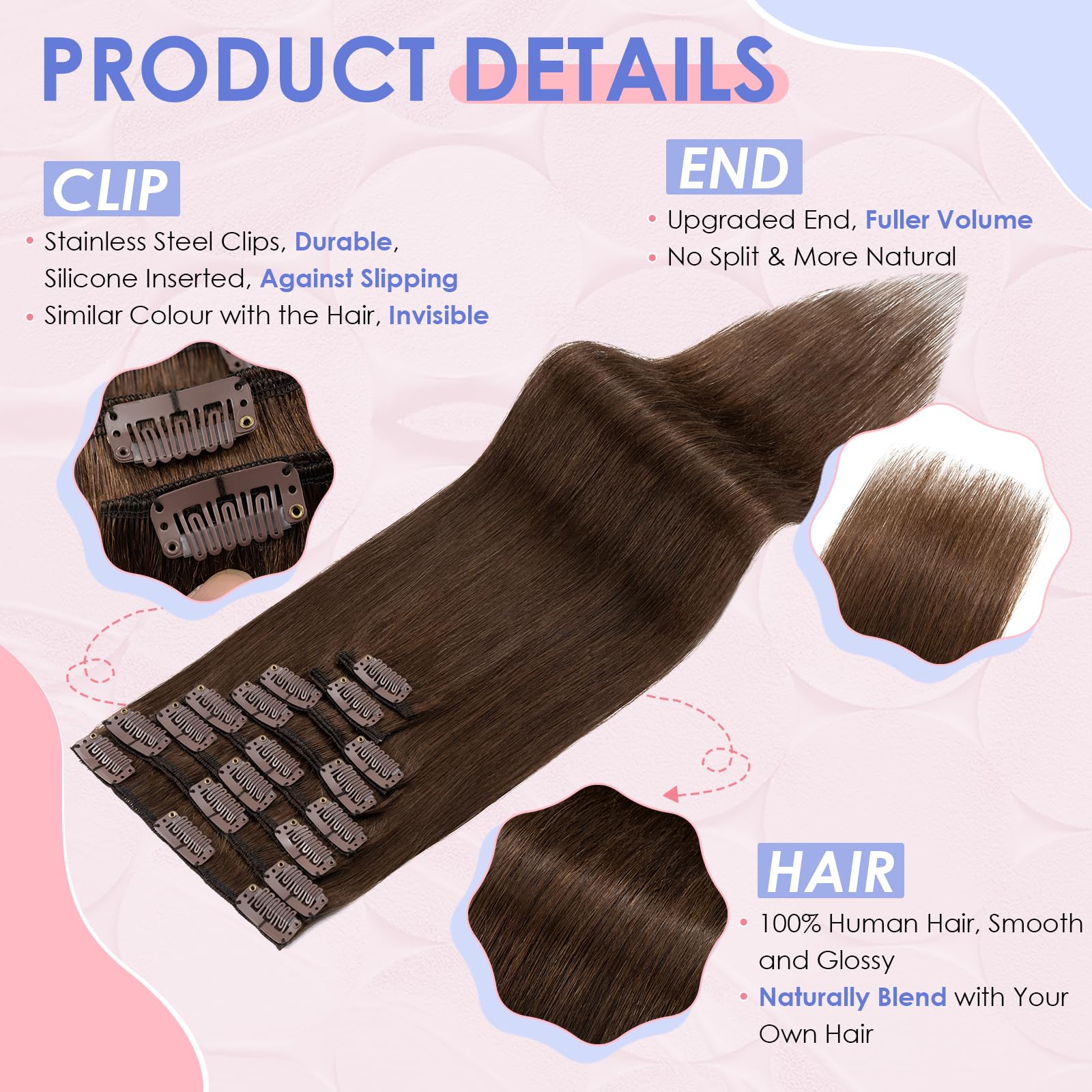 Elailite Clip in Human Hair Extensions Real Hair 8 Pcs Normal Weft Full Head Straight - #4 Medium Brown - 16 Inch (75 g) - Image 3
