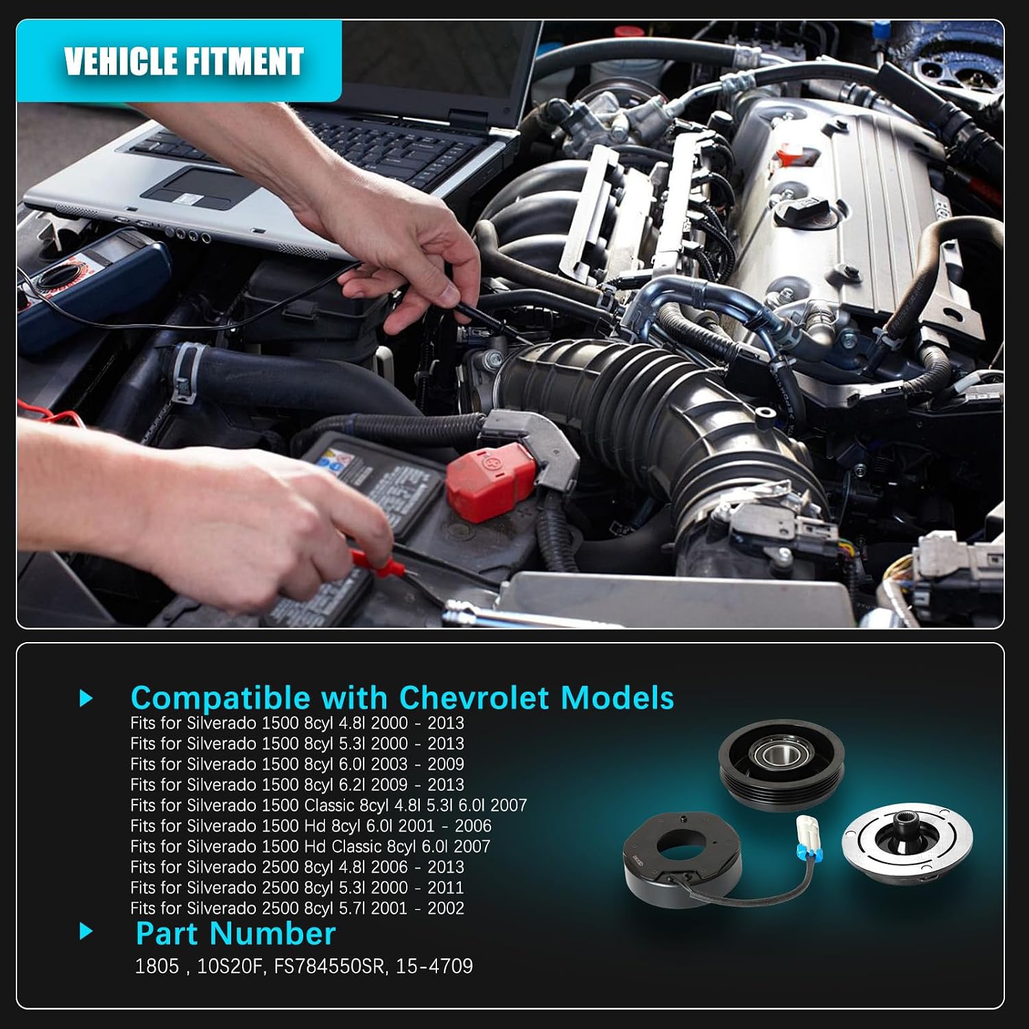 AC Compressor Clutch Kit Pulley Coil Fit for Chevy Silverado 1500 4.8L 5.3L 6.0L 6.2L 2000-2013 Silverado 2500 4.8L 5.3L 5.7L 6.0L 8.1L 2000-2014 15-4709 1805 A/C Compressor Clutch Kit