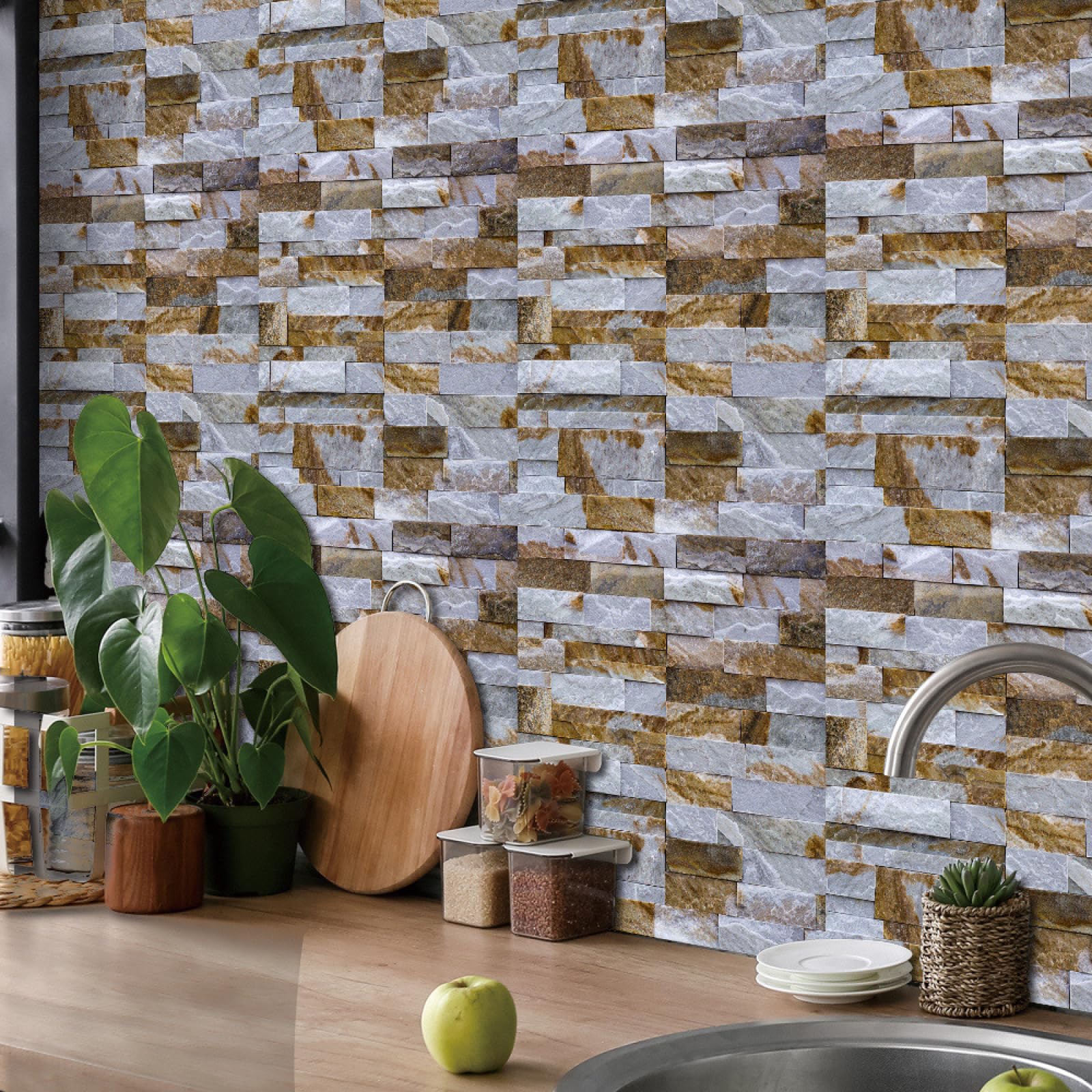 Piastrelle Adesive Cucina Marrone Bianco Pietra Mattone Modello Pavimento pvc Adesivo Mobili Decorazioni Piastrelle Adesive Bagno Impermeabile Resistenza all'olio Mattonelle Adesive