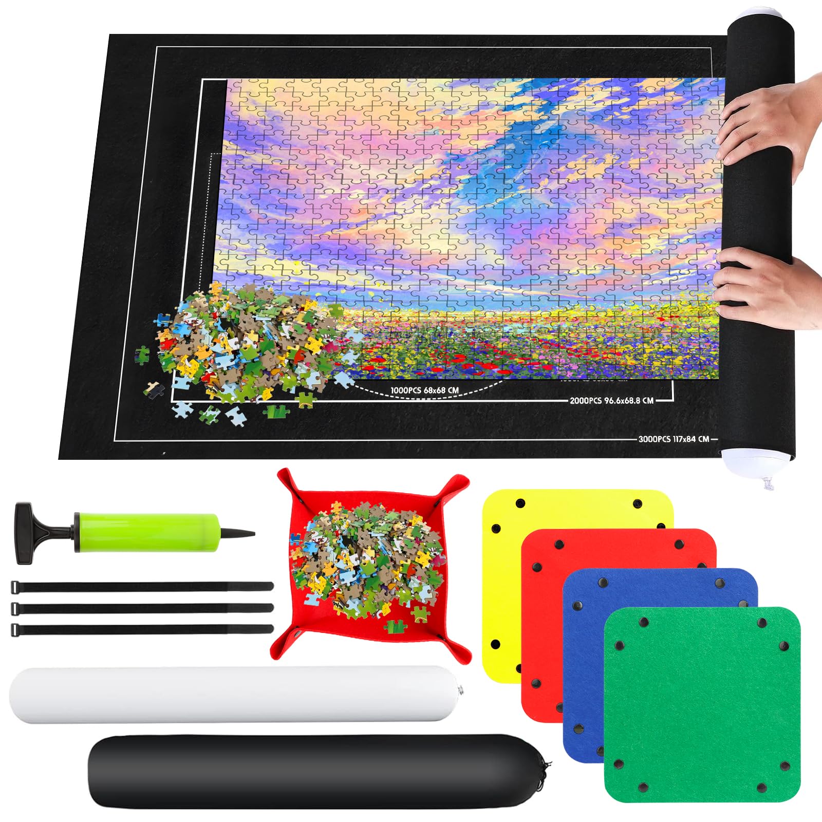 RISVOWO Tapete Puzzle, Tapiz Puzzle 1000 1500 2000 3000 Piezas, Portátil Fieltro Alfombra Puzzle, Tapete para Enrollar Puzzles, Antideslizante Puzzle Mat Roll para Almacenar Rompecabezas(Negro)