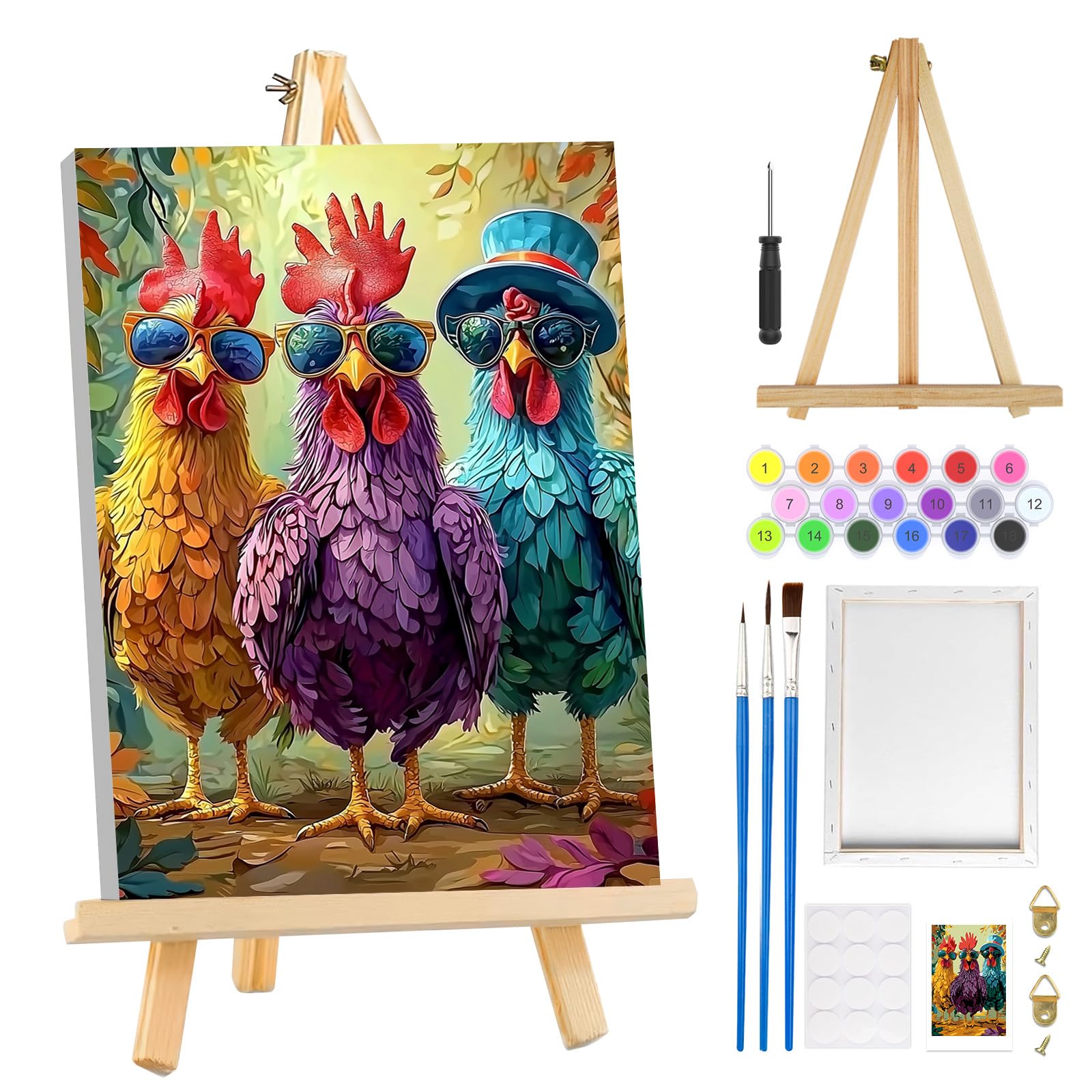 Kit Peinture Par Numéros Poulet Avec Cadre Et Chevalet - Loisirs Créatifs Adulte 20x30cm