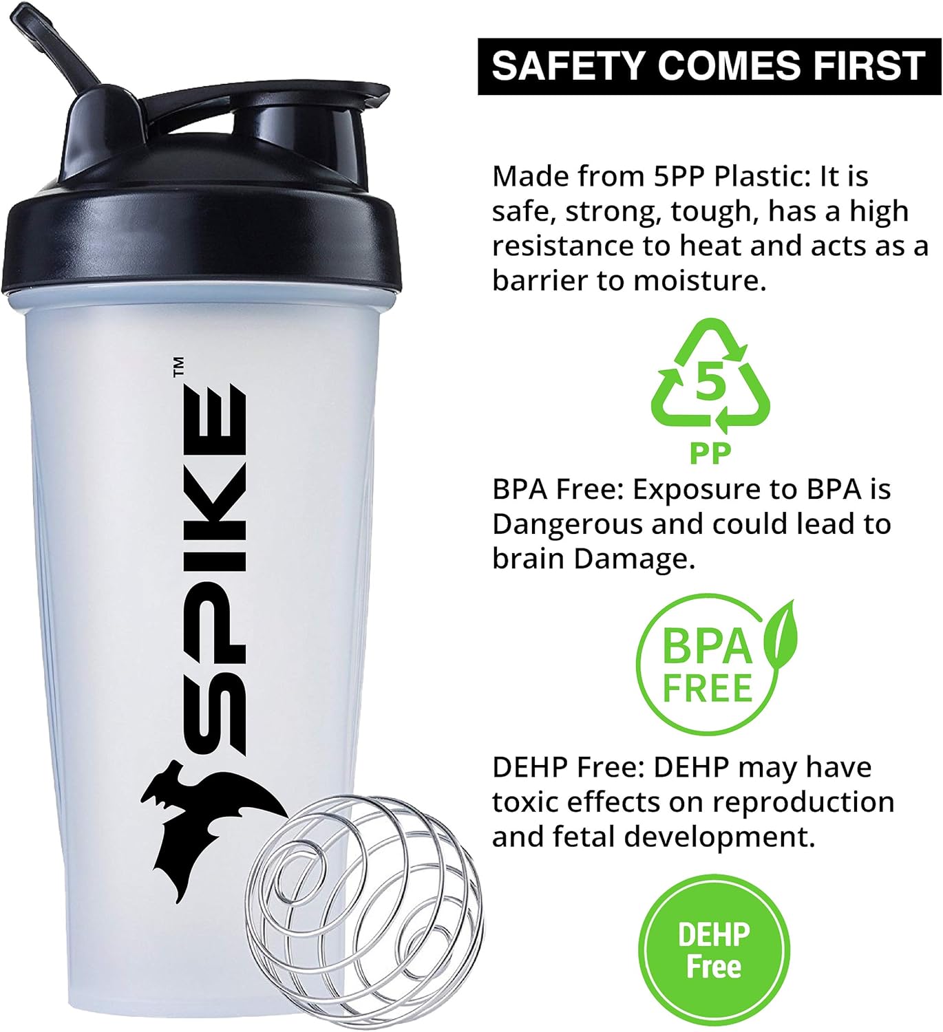 SPIKE Protein Shaker Bottle for Whey Protein Mix, Cycling, Gym Water Bottle with Stainless Steel Ball 700ml Standard Clear