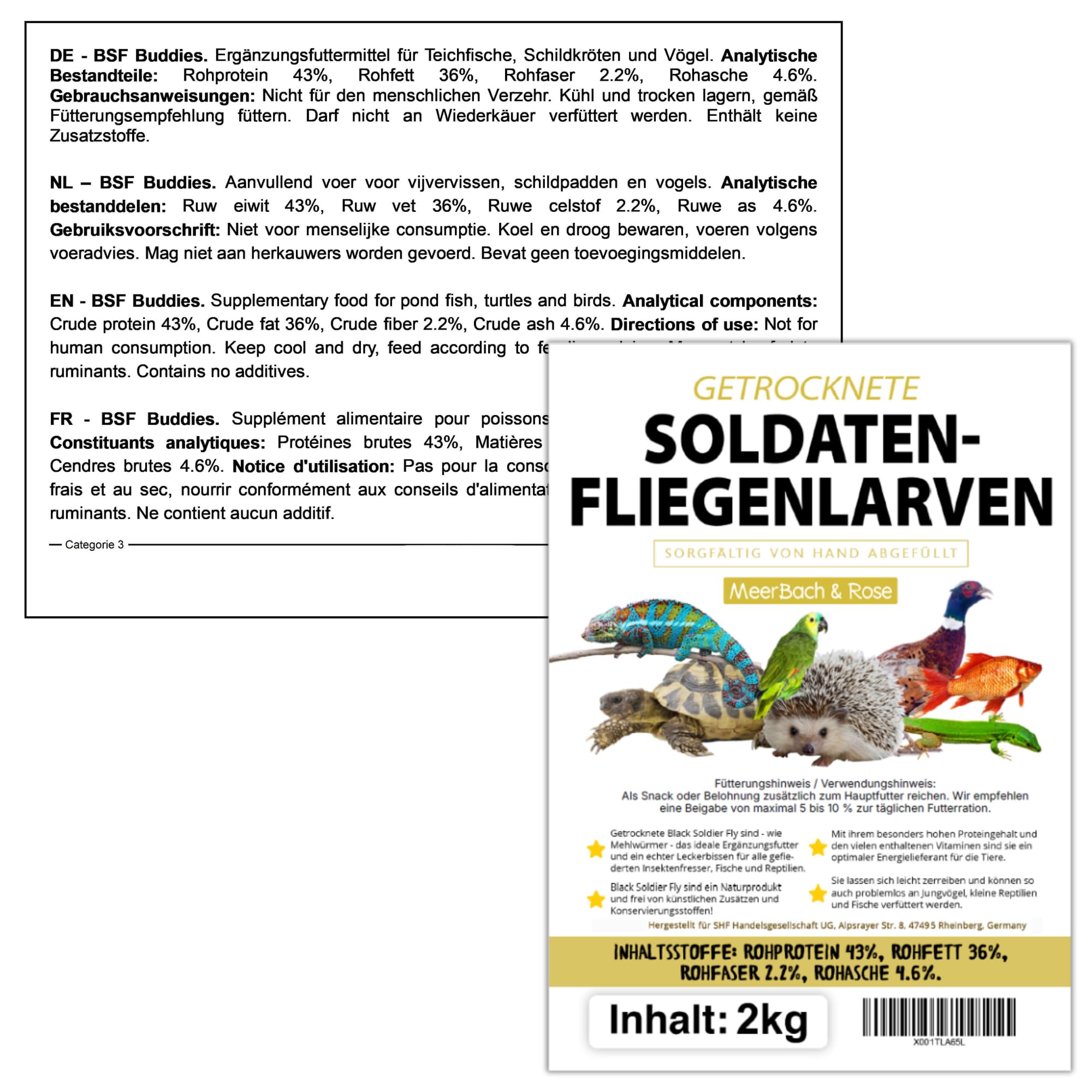 Larvas de mosca de soldado secas 2 kg (equivalente a 13 litros) Alimento para pájaros, erizos y peces, aperitivo rico en proteínas