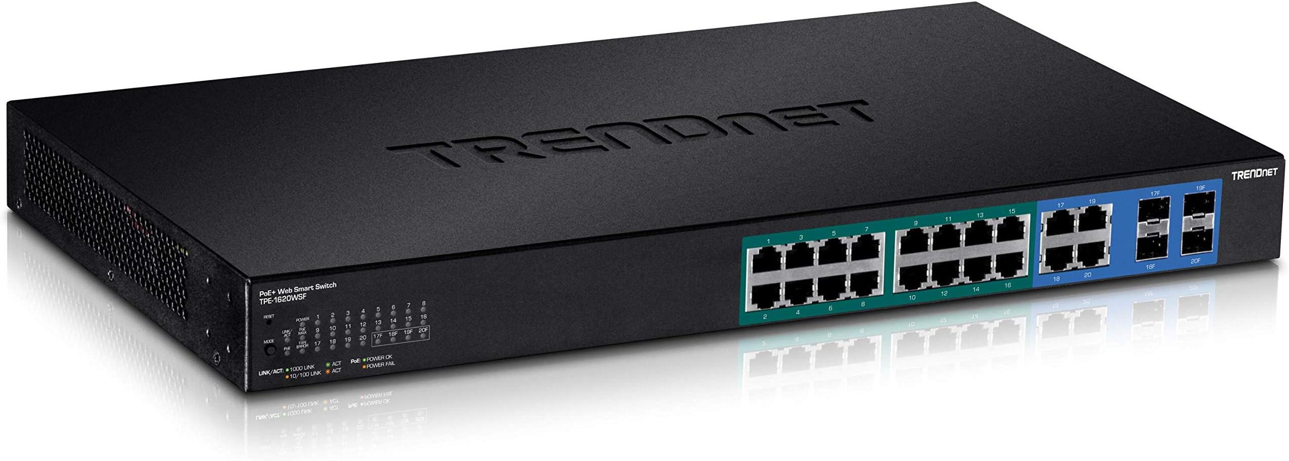 TRENDnet 16-Port Gigabit PoE+ Web Smart Switch with 2 Shared SFP Slots, Up to 30 W Per Port, 185 W Total Power Budget, Rack Mountable, TPE-1620WS