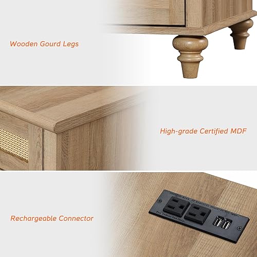 Miniatura 26 de WAMPAT Mesa auxiliar con estación de carga, mesa auxiliar de madera con cajón y armario de almacenamiento, mesa auxiliar moderna con tomas de