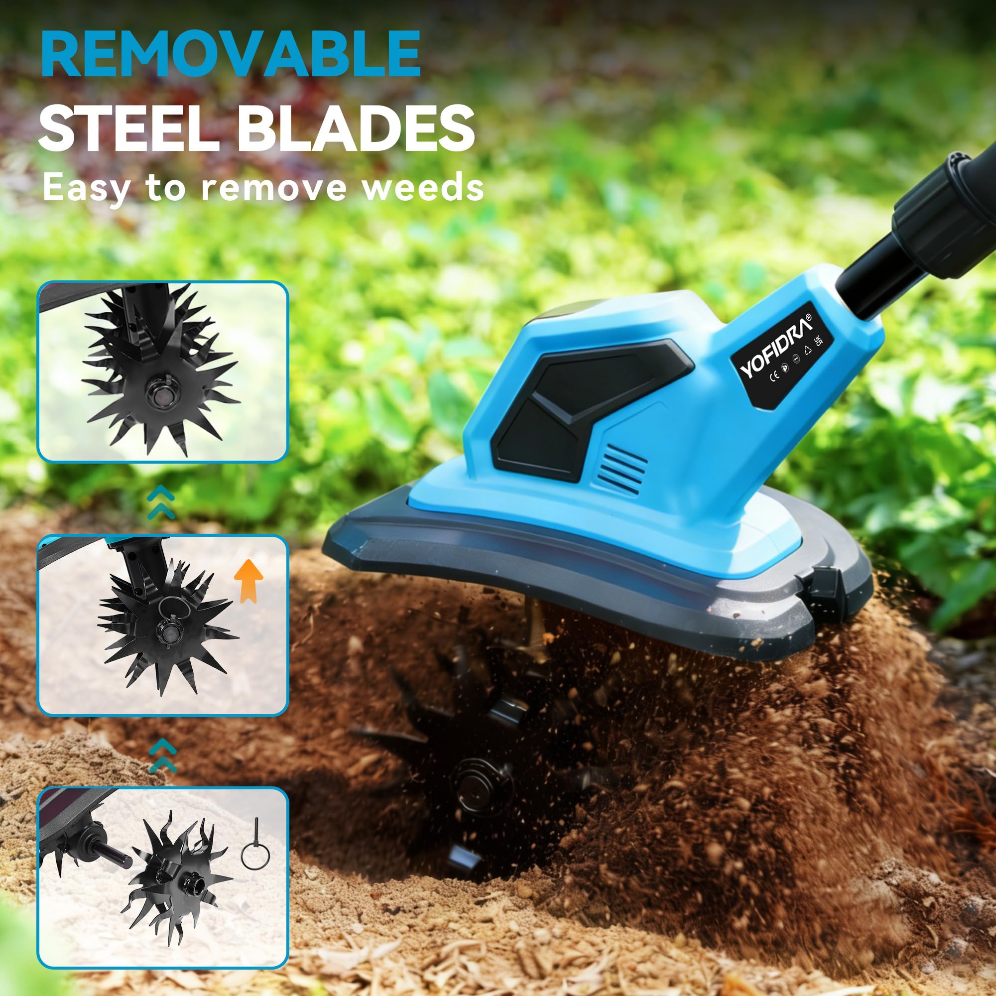 Yofidra Motoazada Electrica - Cultivador de 600W con 23cm de Ancho de Trabajo, 17cm de Profundidad, 2x2.0Ah Baterías, Motoazada Inalámbrica para Jardín