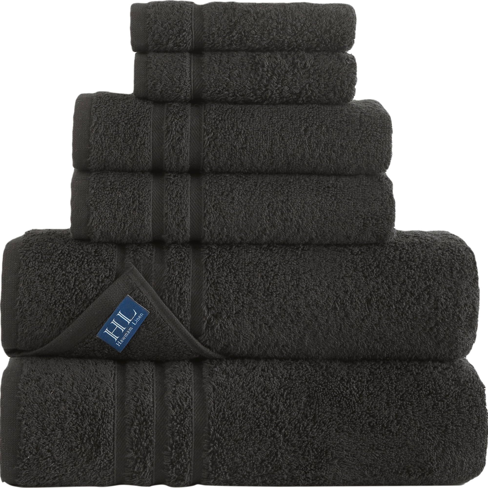 Black 6 Pack Bath Towels Sets Linen for Bathroom Original Turkish Cotton Soft, Absorbent and Premium 2 Bath, 2 Hand, 2 Washcloths