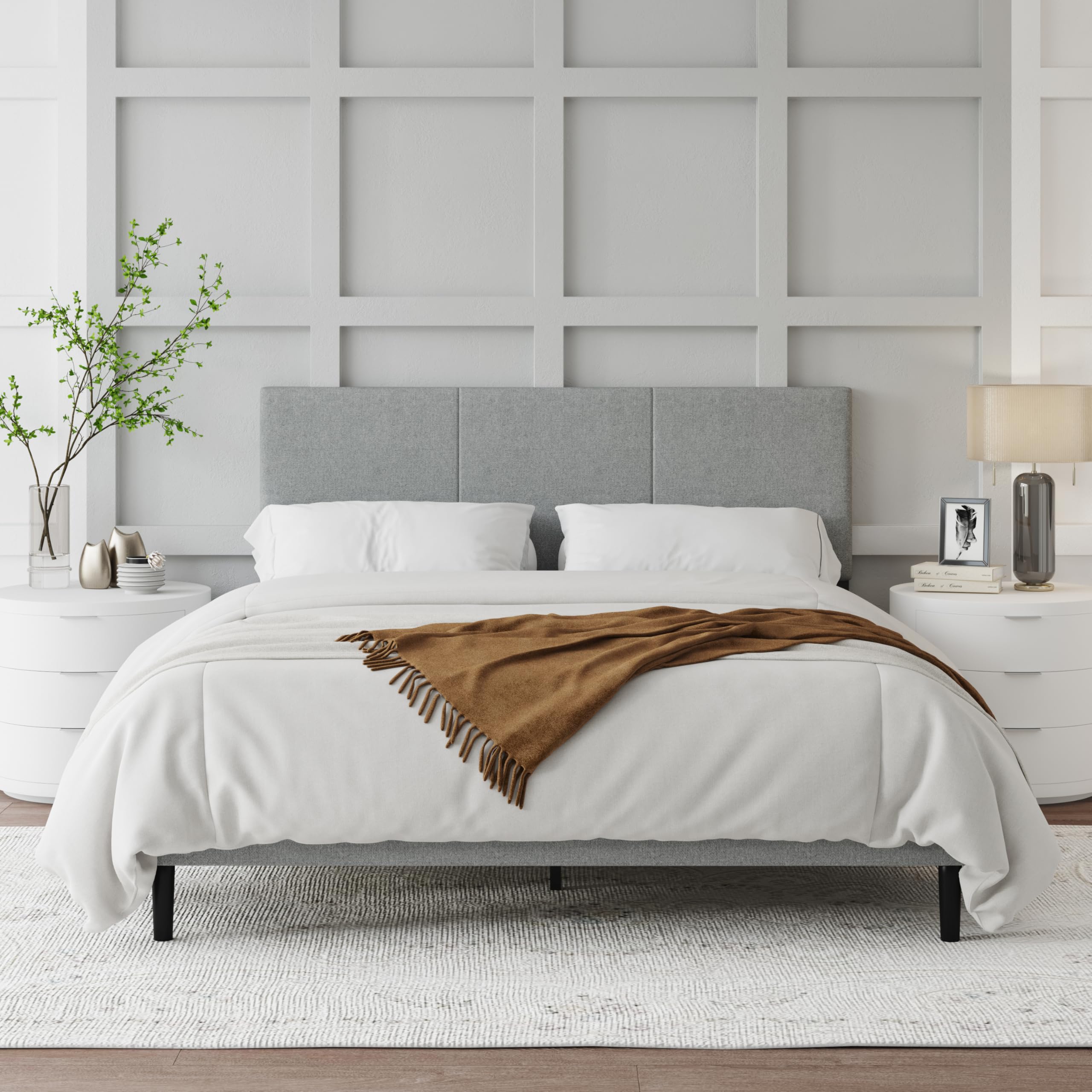 queen size bed frame with upholstered headboard, sturdy wood slats, no box spring required, silent, easy assembly, gray