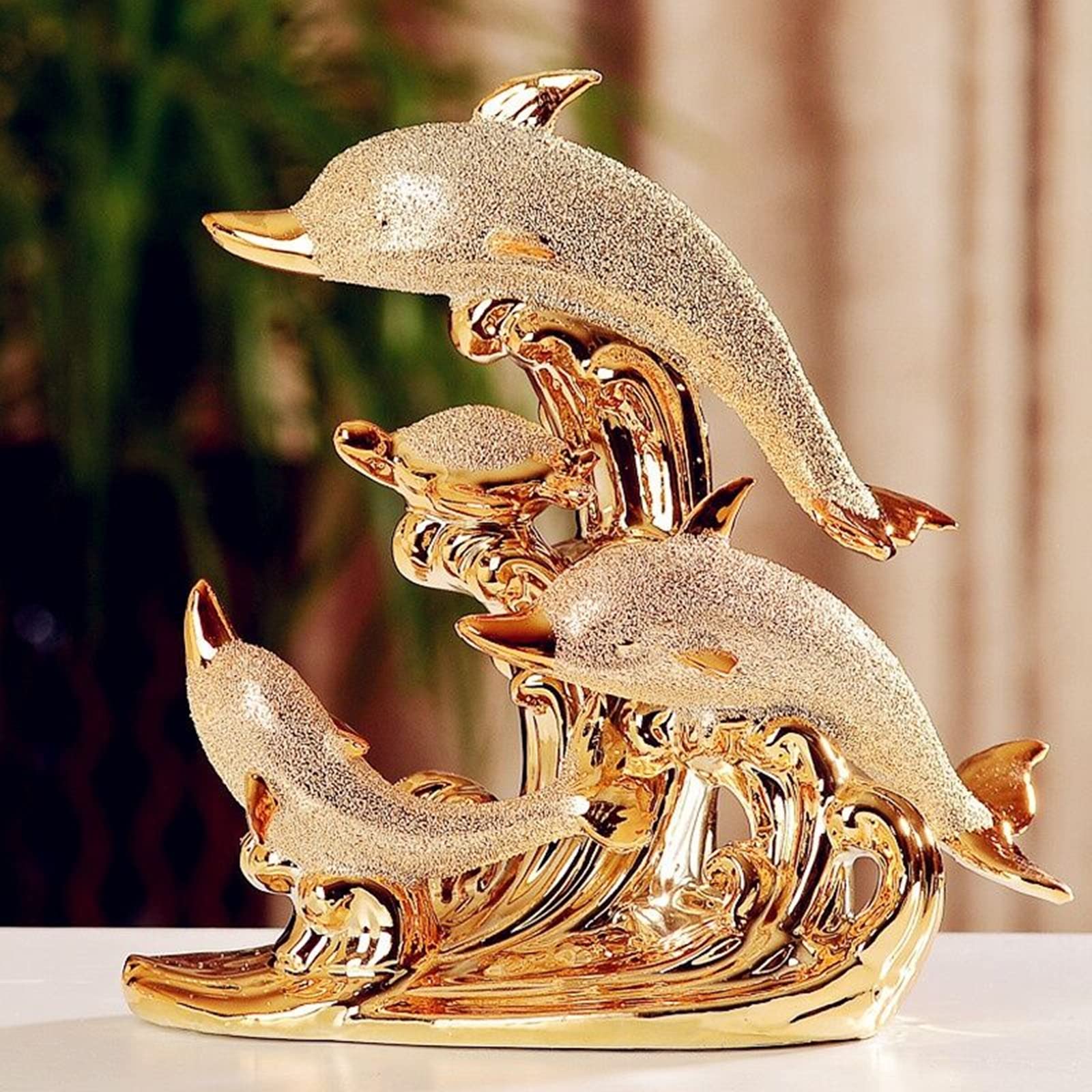 YUANXIN Estatua de Delfines Decoración de Delfines para el hogar Cerámica Decoraciones de Delfines Decoraciones de Animales Muebles para el hogar Moda Lujo Elegante Regalos de Boda (Oro)