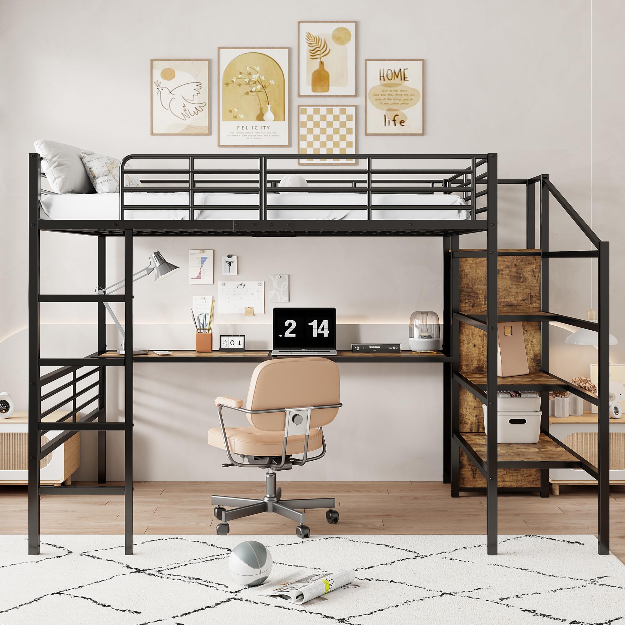 Letto A Soppalco 140x200 Cm Con Scrivania, Armadio, Libreria E Scala Contenitore – Struttura In Metallo E MDF