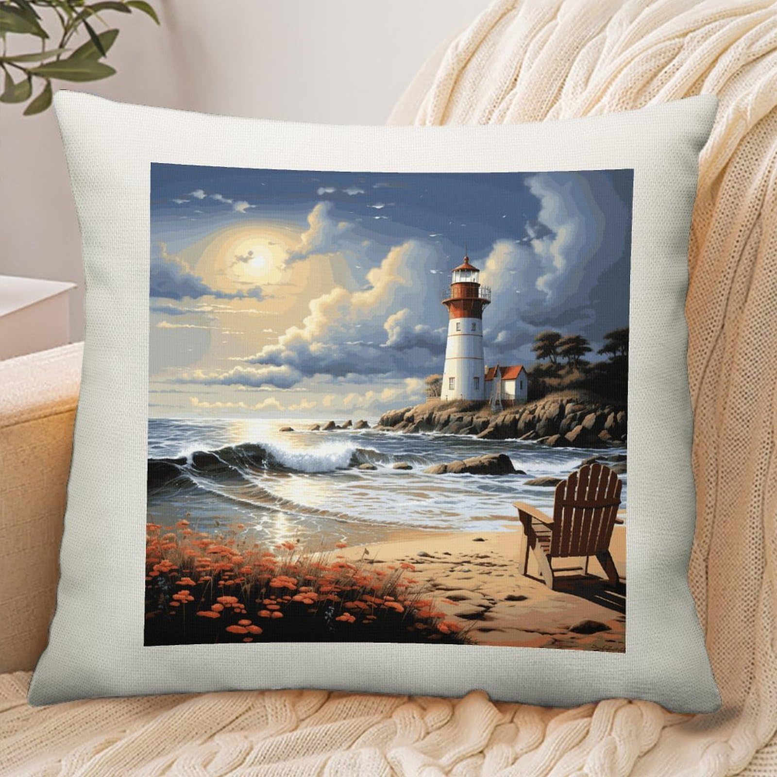 Adfgyerh Style Sea Lighthouse Sandbeach Pillow Cover Breathable,Pillowcases Boho Decorative Envelope Closure,Throw Pillow Covers For Beach,Patio,Balcony,Couch Living Room 16 * 16In