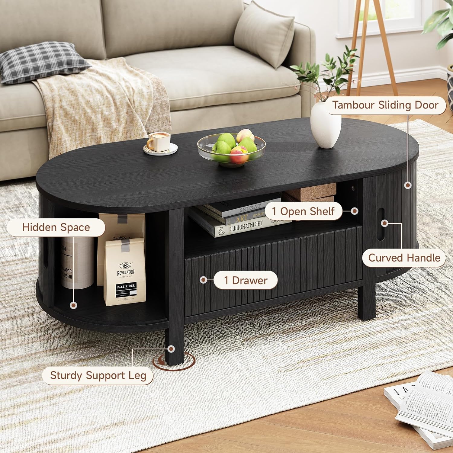 ONBRILL Oval Coffee Table with a side sliding door open, showing hidden storage