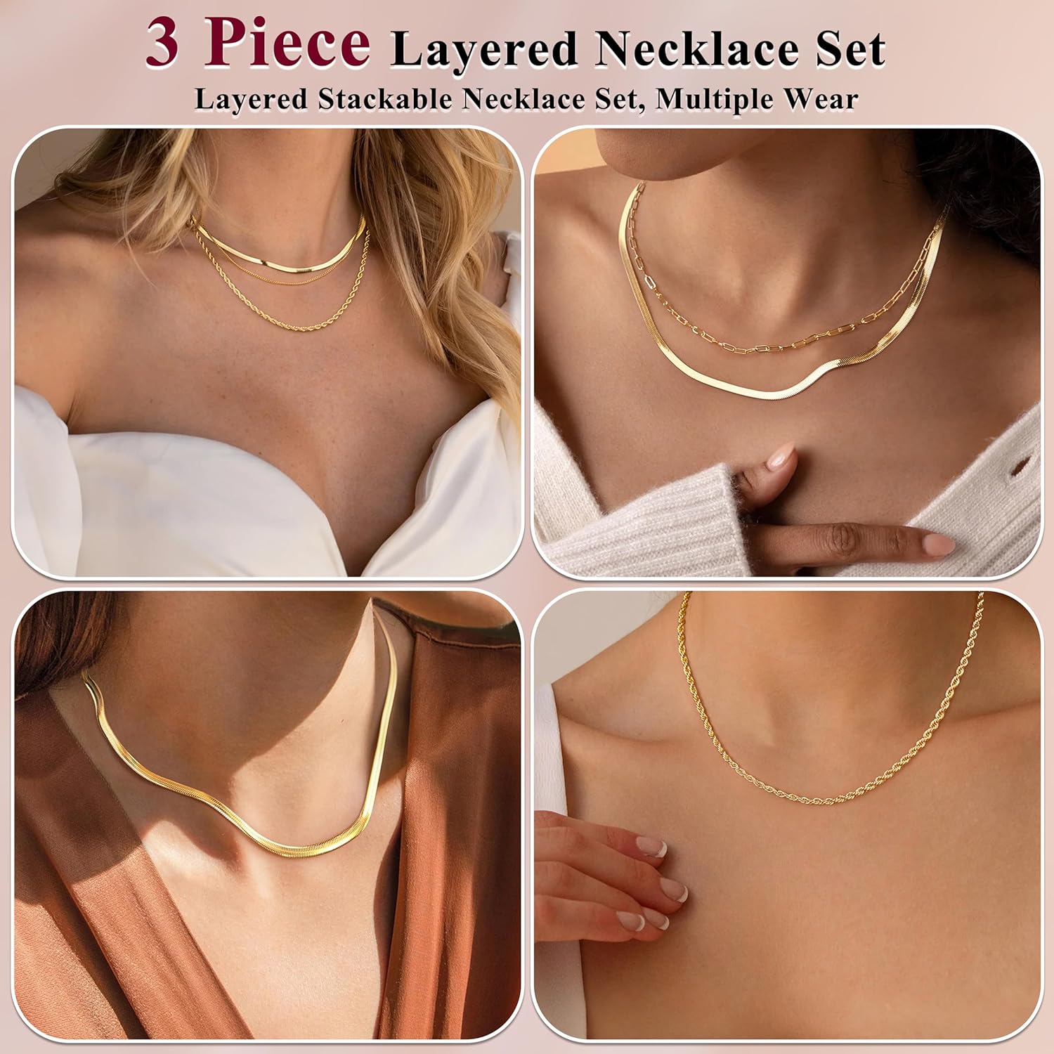 Gold Layered Necklace Set for Women,3 Piece Dainty Stackable Necklaces,14k Gold Plated Herringbone Rope Cuban Chains,Adjustable Trendy Hypoallergenic Choker Necklace for Women Jewelry Gifts - Image 5