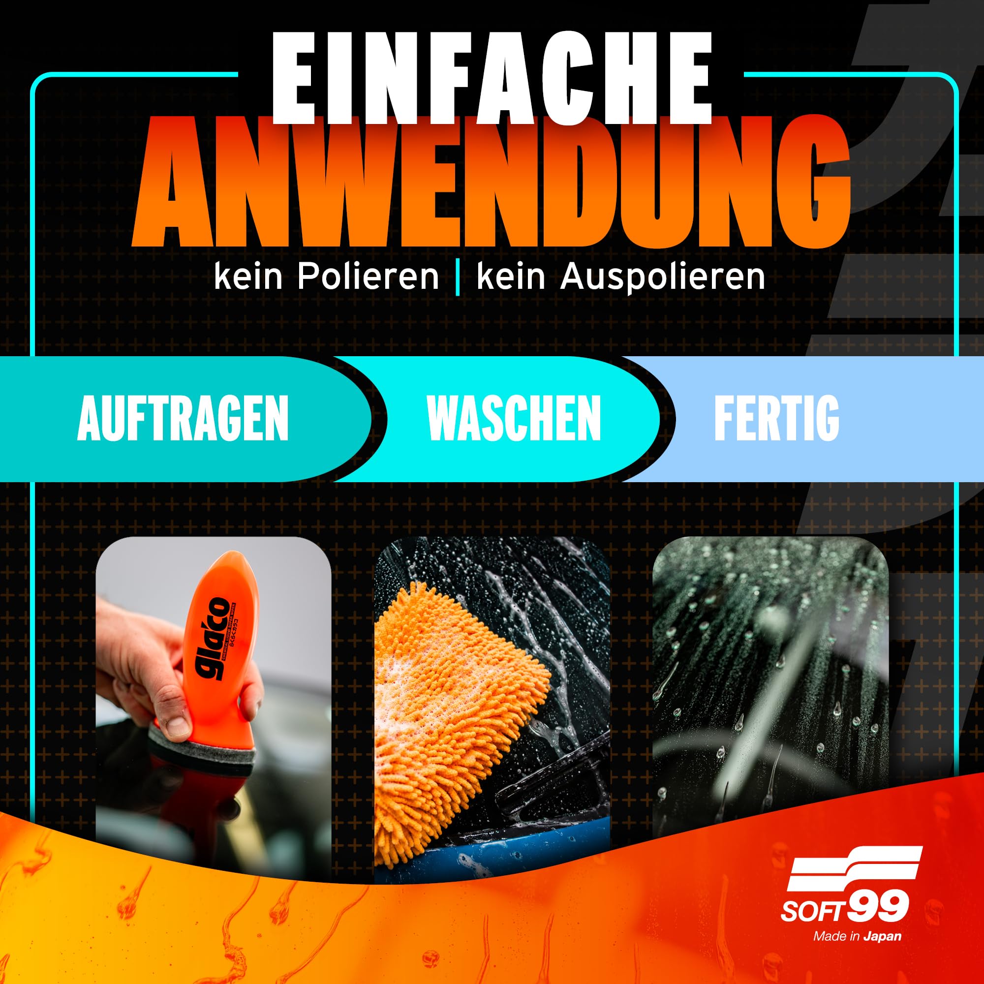 Auto Scheibenversiegelung Set | Soft99 QAD Glasversiegelung + QJUTSU Creamy Shampoo + Waschhandschuh + Trockentuch | Regenabweiser für Autoscheiben + Autoshampoo | Nano Versiegelung