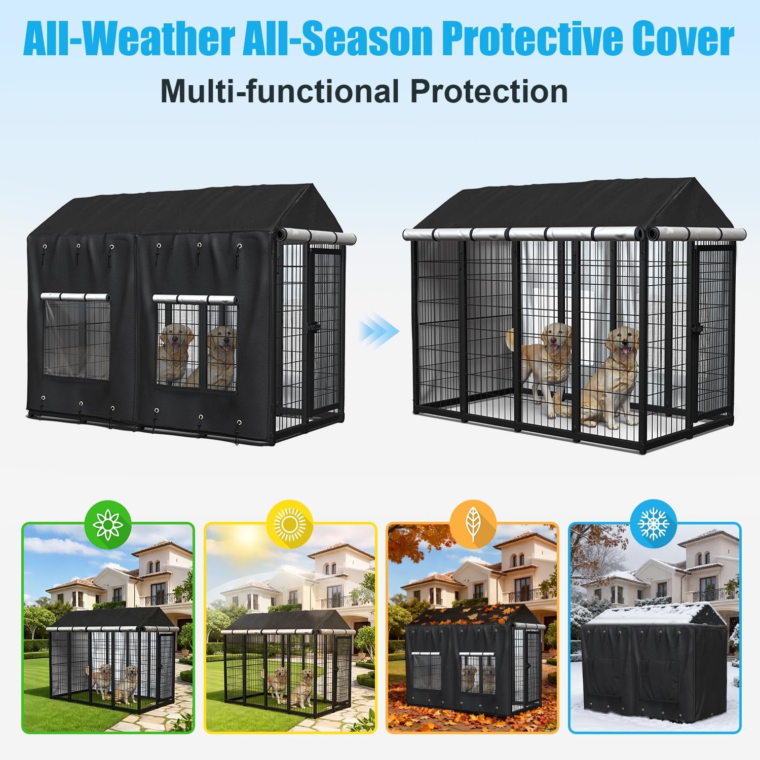 Outdoor Dog Kennel Cover for 8'Dx4'Wx6'H with Grids and Transparent Window, 600D Full Coverage & Silver-Coated Interior Waterproof Dog Crate Cover for Large Dog Cage Outdoor (Cover Only)