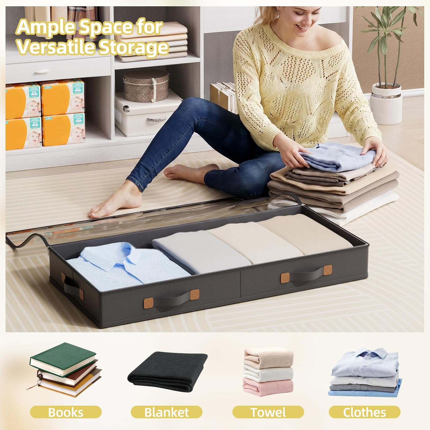 FHSQX Under Bed Storage Container 2Pack 3 Inches Low Profile Under-bed Organizer Bins Slim Under Couch Storage Box Ideal For Seasonal Clothes Blankets Towel Fabric (2, Black, 31.5 * 17 * 3in)