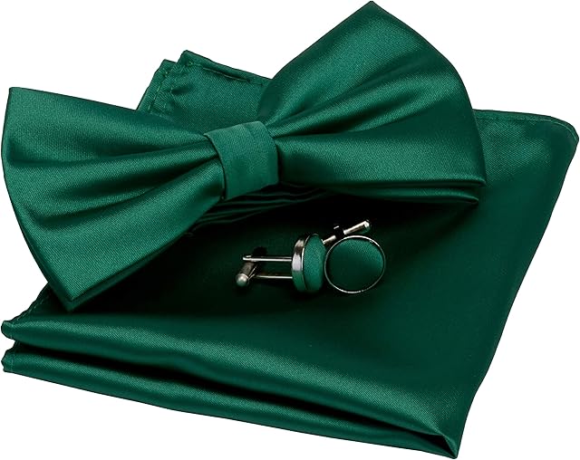 Gusleson Mens Solid Color Double Fold Pre-tied Bow Tie and Pocket Square Cufflink Set with Gift Box