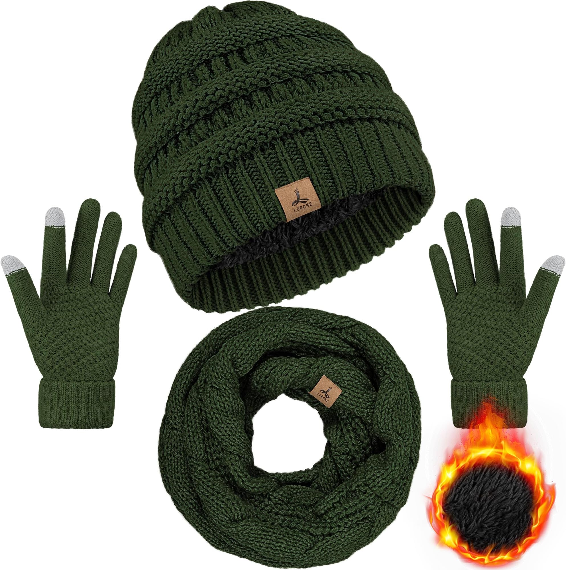 Winter Beanie Hat Scarf Gloves, Warm Fleece Knit Hats Touch Screen Gloves Neck Scarf Set Winter Gifts for Unisex Adult