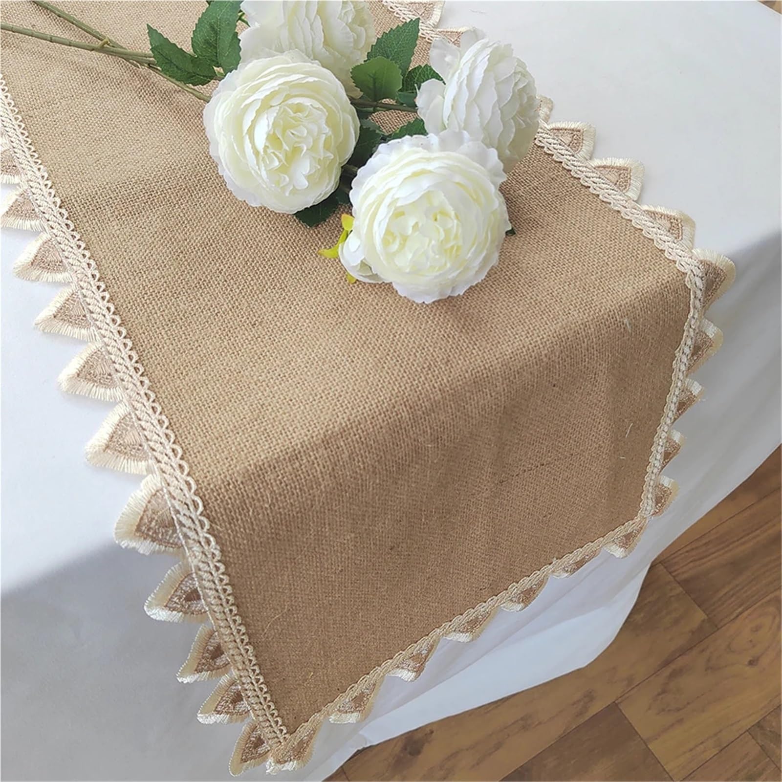 Runner da tavolo in lino e pizzo di iuta for la decorazione della tavola di casa, runner da tavolo in tessuto con bandiera da tavolo, decorazione for matrimoni Per La Tavola Da Pranzo(30X220CM)