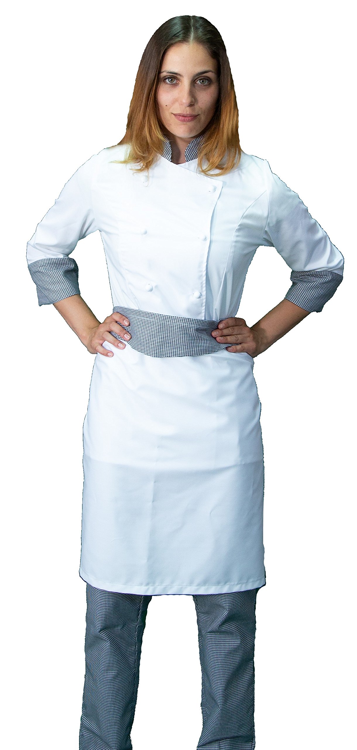 Ricamo Gratuito - Completo Cuoco da Cucina - Bianco e Pied de Poule - Divisa Chef Donna - Pantalone, Giacca e Grembiule - Made in Italy