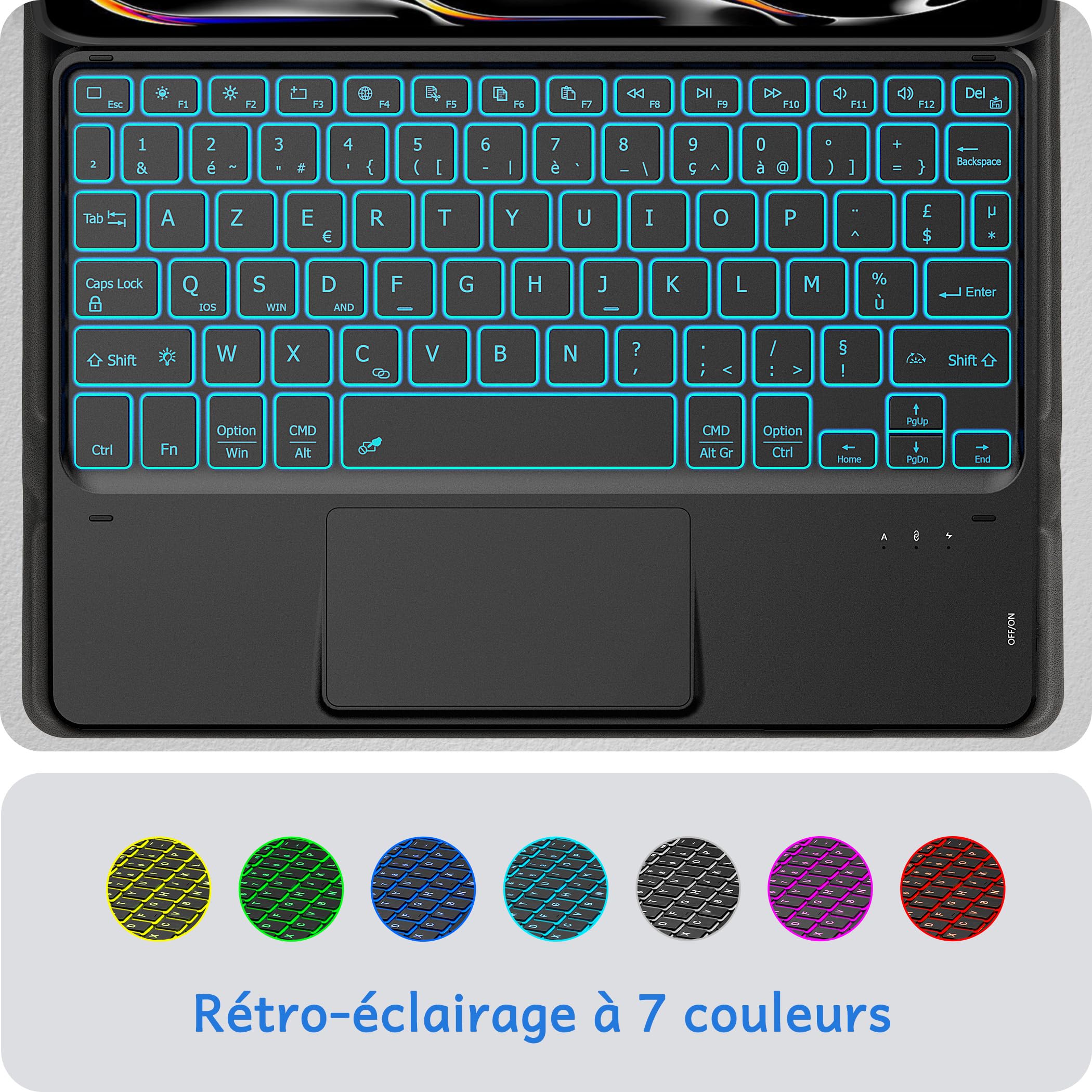 CACOE Clavier avec Pavé Tactile, Clavier sans Fil Bluetooth 10 Pouces avec Rétroéclairage, [AZERTY] Clavier Léger Fin pour iPad, iPad Pro/Air, Android Samsung, Xiaomi, Huawei, Lenovo Tablette,Noir