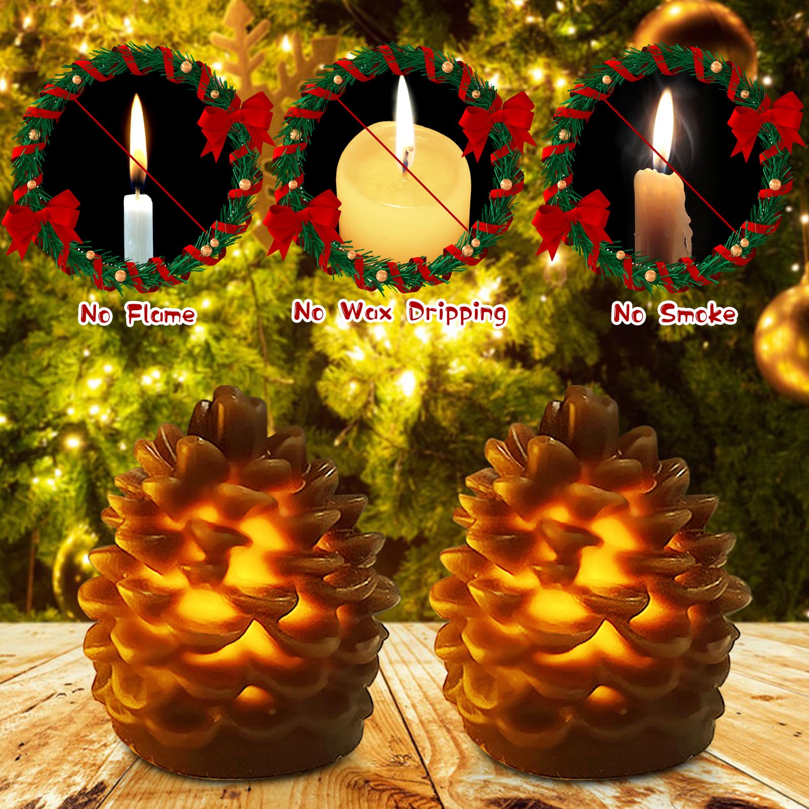 Candele Natalizie Senza Fiamma A Forma Di Pigna - A Batteria LED, Bagliore Caldo, Per Mensole, Camini, Tavoli (10x10x13 Cm)