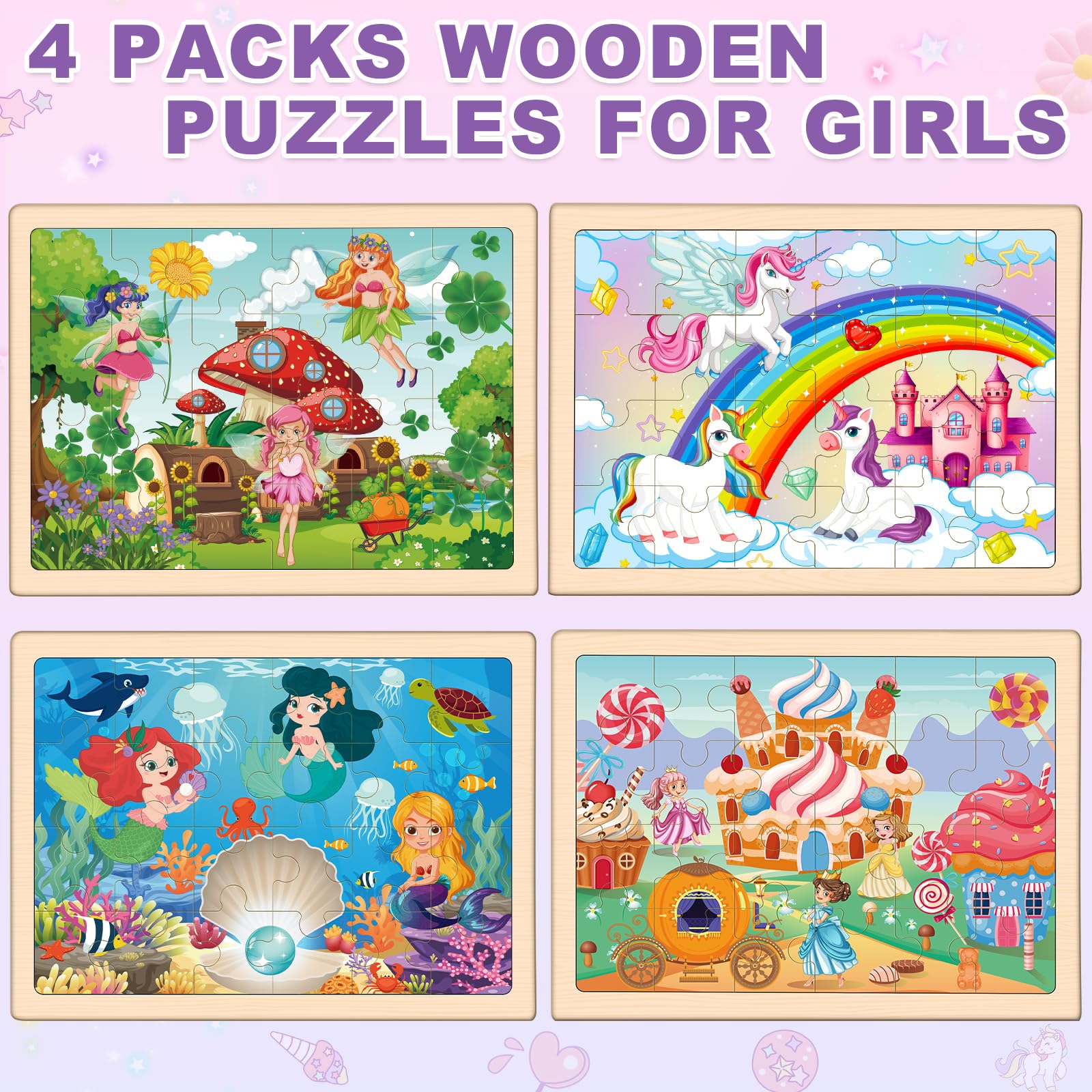 Einhorn und Meerjungfrau Holzpuzzle Feen für Kinder von 4-6 Jahren, 4 Packungen Reisepuzzle für Kinder von 2-4 Jahren, Vorschule Lernaktivitäten, Spielzeug für Kinder von 2-4 Jahren