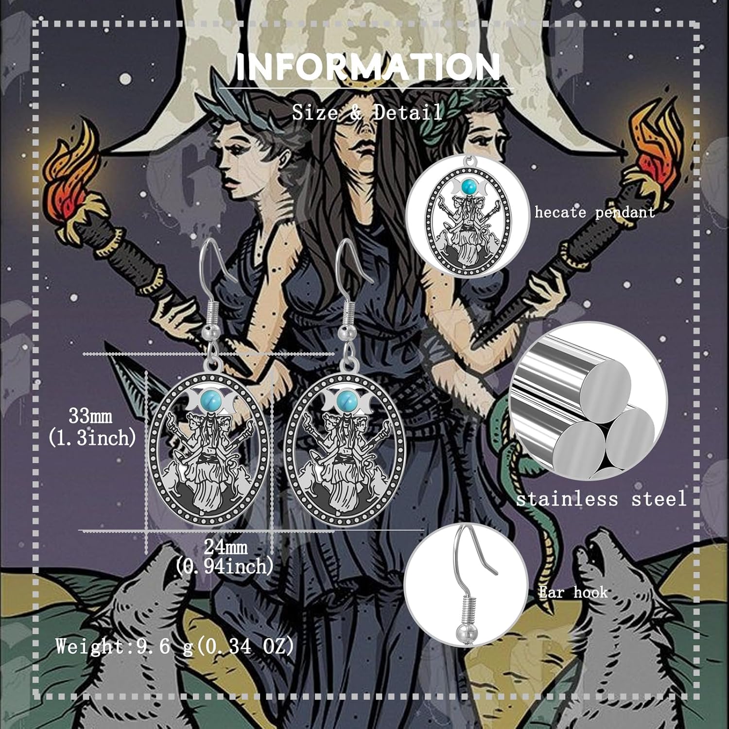 Hecate Earrings for Women Stainless Steel Triple Moon Goddess Dangle Earring Wicca Amulet Pagan Witchy Jewelry Gifts - Image 4