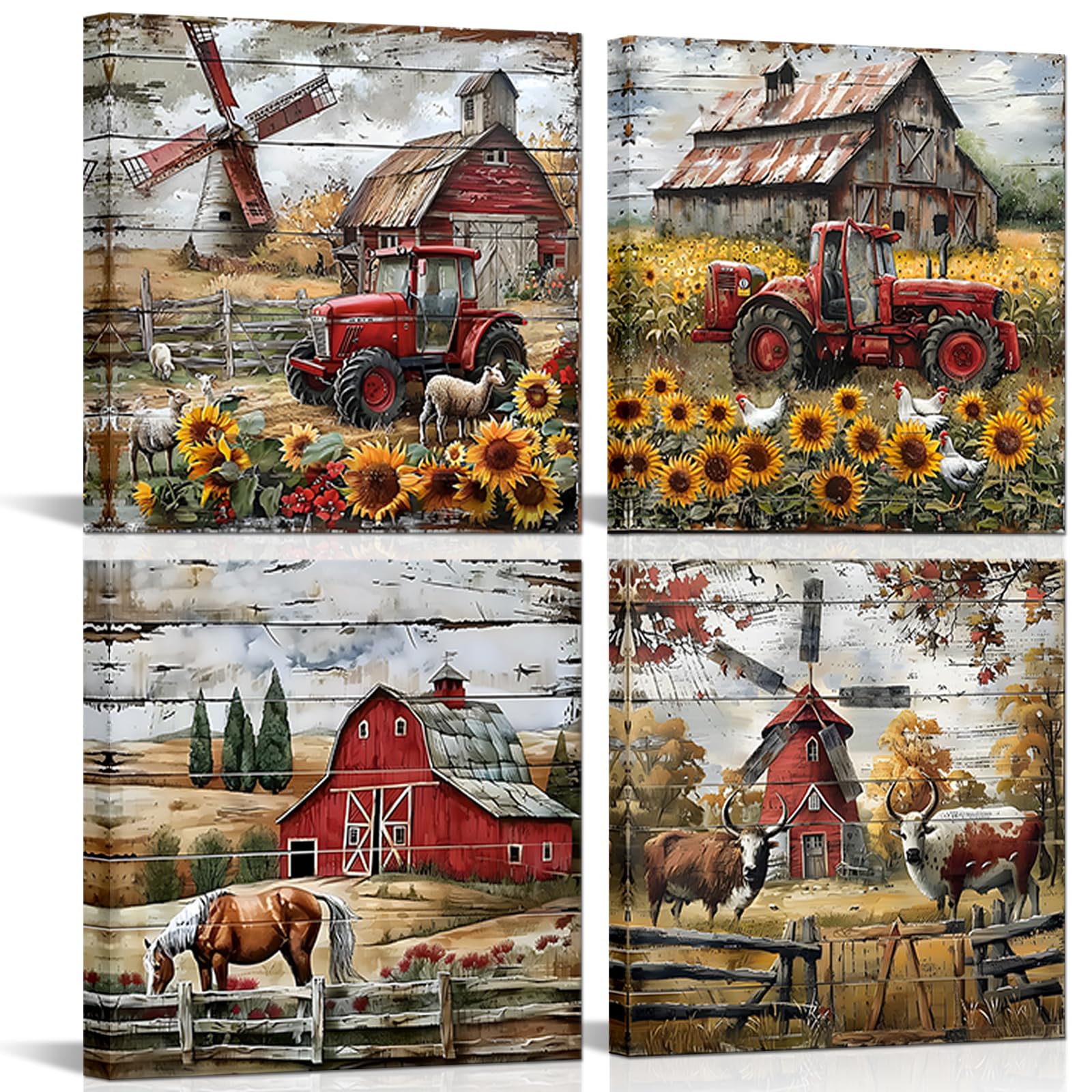 PoGoXiPoYo 4 Panel Rustic Farmhouse Canvas Wall Art Red Barn Windmills Truck Horse Highland Cow Sheep Watercolor Painting Country Landscape Western