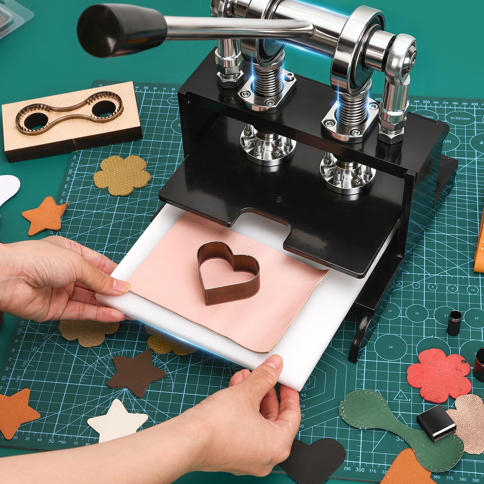 Leder Stanzmaschine 1.5 T, 20 * 20cm Leder Prägemaschine Doppelführungsachsen Stanzmaschine mit 39-teiligem Lochstanzen-Werkzeugsatz für Lederhandwerk,DIY & verschiedene Materialien Stanzverarbeitung