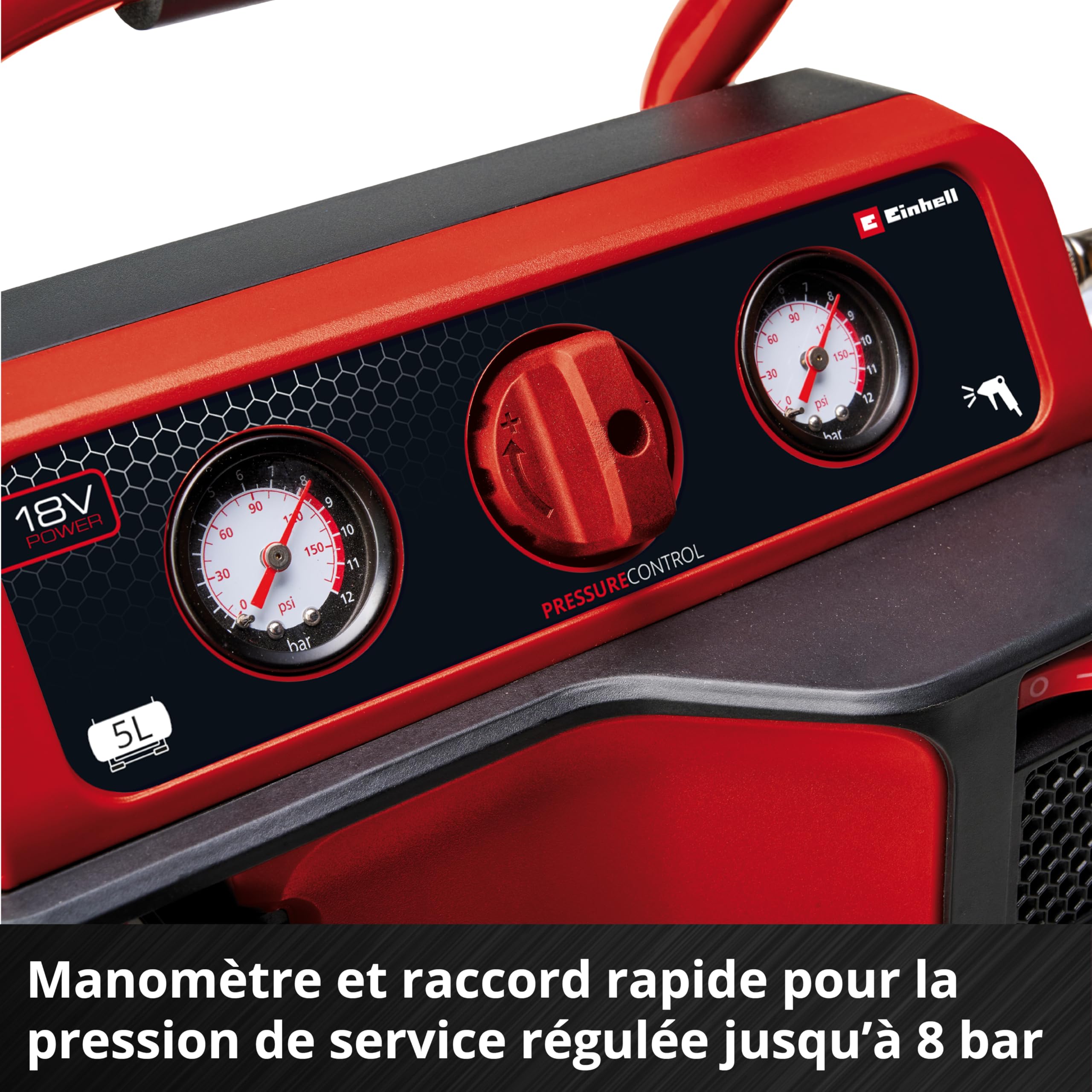 Einhell Compresseur sans fil TE-AC 18/75 Li OF-Solo Power X-Change (18 V, 8 bar max., cuve de 5 l, capacité de pompage de 75 l/min, 2 manomètres, sans lubrification, sans batterie)