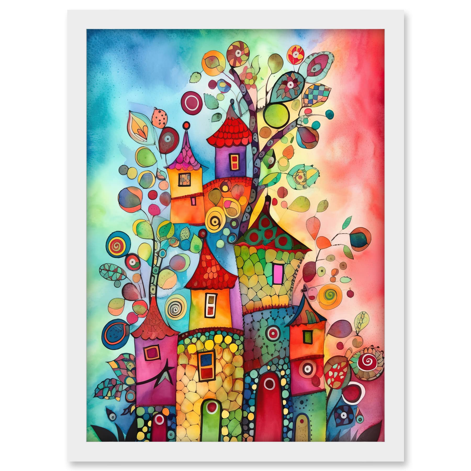 Artery8 Country Houses Concept Folk Art Watercolour Painting Artwork Framed A3 Wall Art Print
