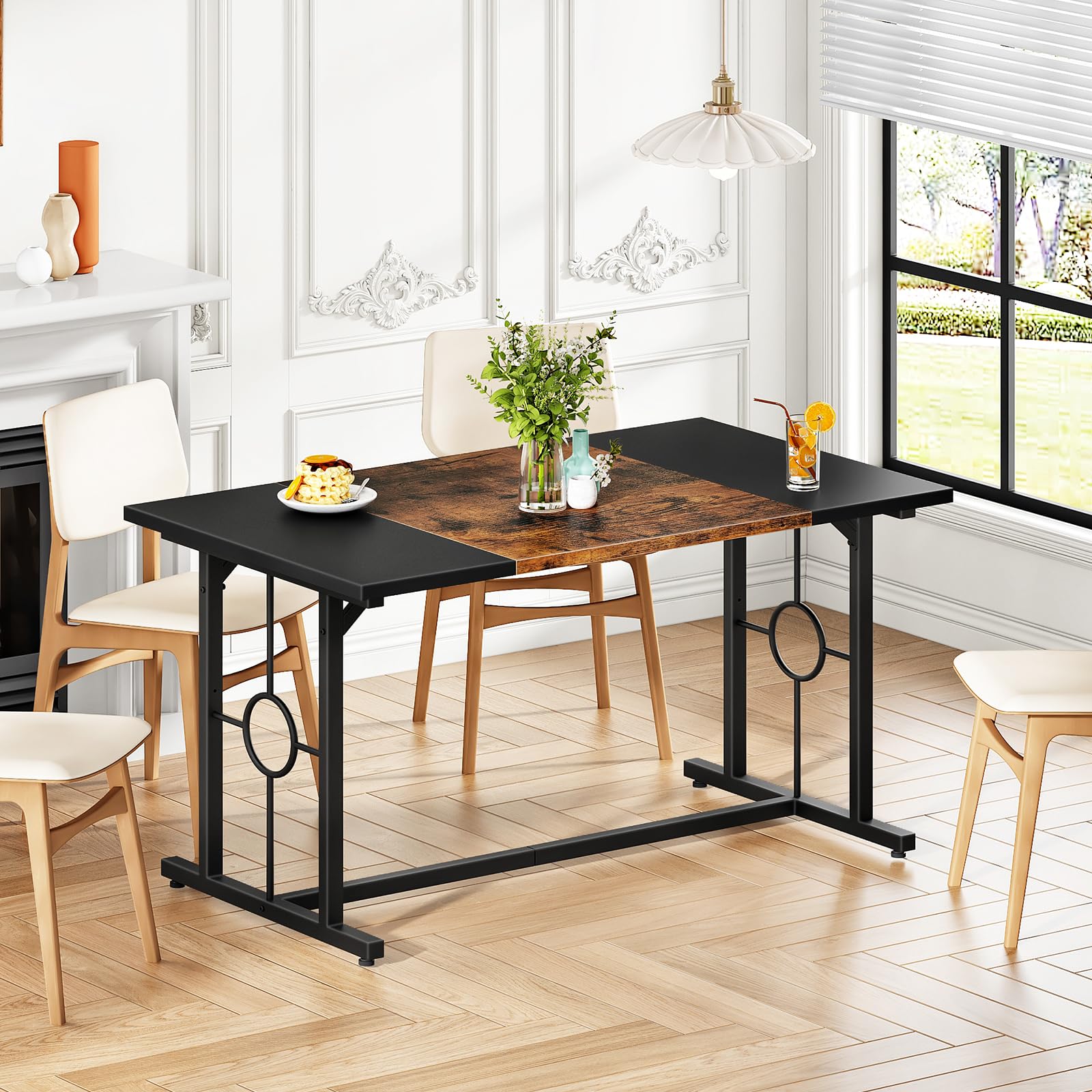 HOOBRO Esstisch, Küchentisch für 4-6 Personen, 140 x 70 cm, Esstisch mit zweifarbiger Tischplatte, Rechteckiger Küchentisch für Esszimmer, Metallbeine Vintagebraun und Schwarz EBF20CZ01