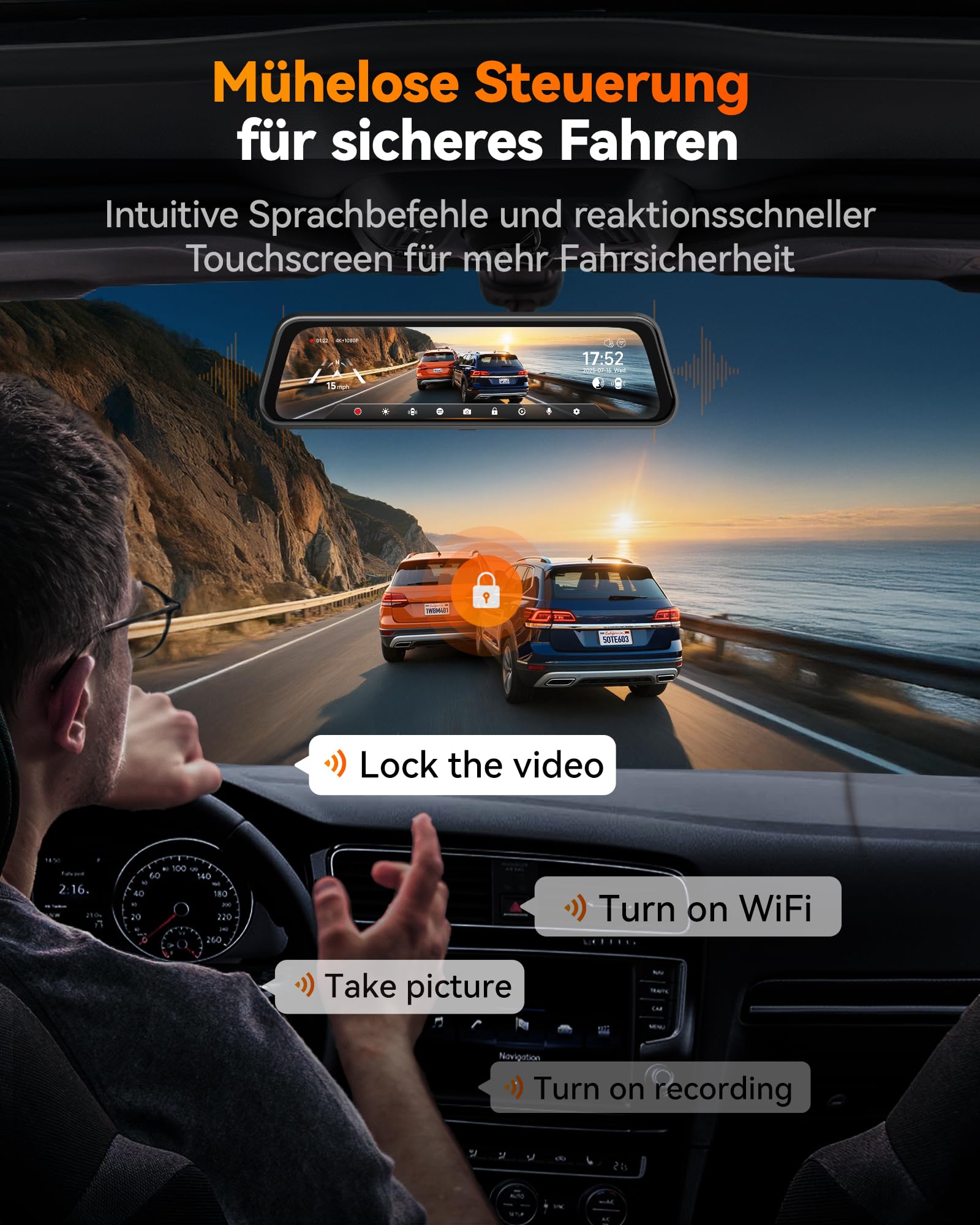 WOLFBOX M40 10” Rückfahrkamera Spiegel, 4K+1080P Dashcam Auto Vorne Hinten | Rückspiegel Kamera mit ADAS/BSD, Sprachsteuerung, Nachtsicht, Touchscreen, Integriertem Wi-Fi, Inklusive 64GB Karte & GPS
