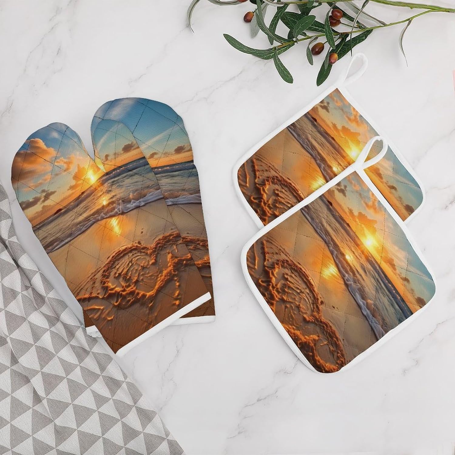Beach Love Sunset 4 Pcs Oven Mitts and Pot Holders Set High Heat Resistant Long Kitchen Oven Glove Potholders