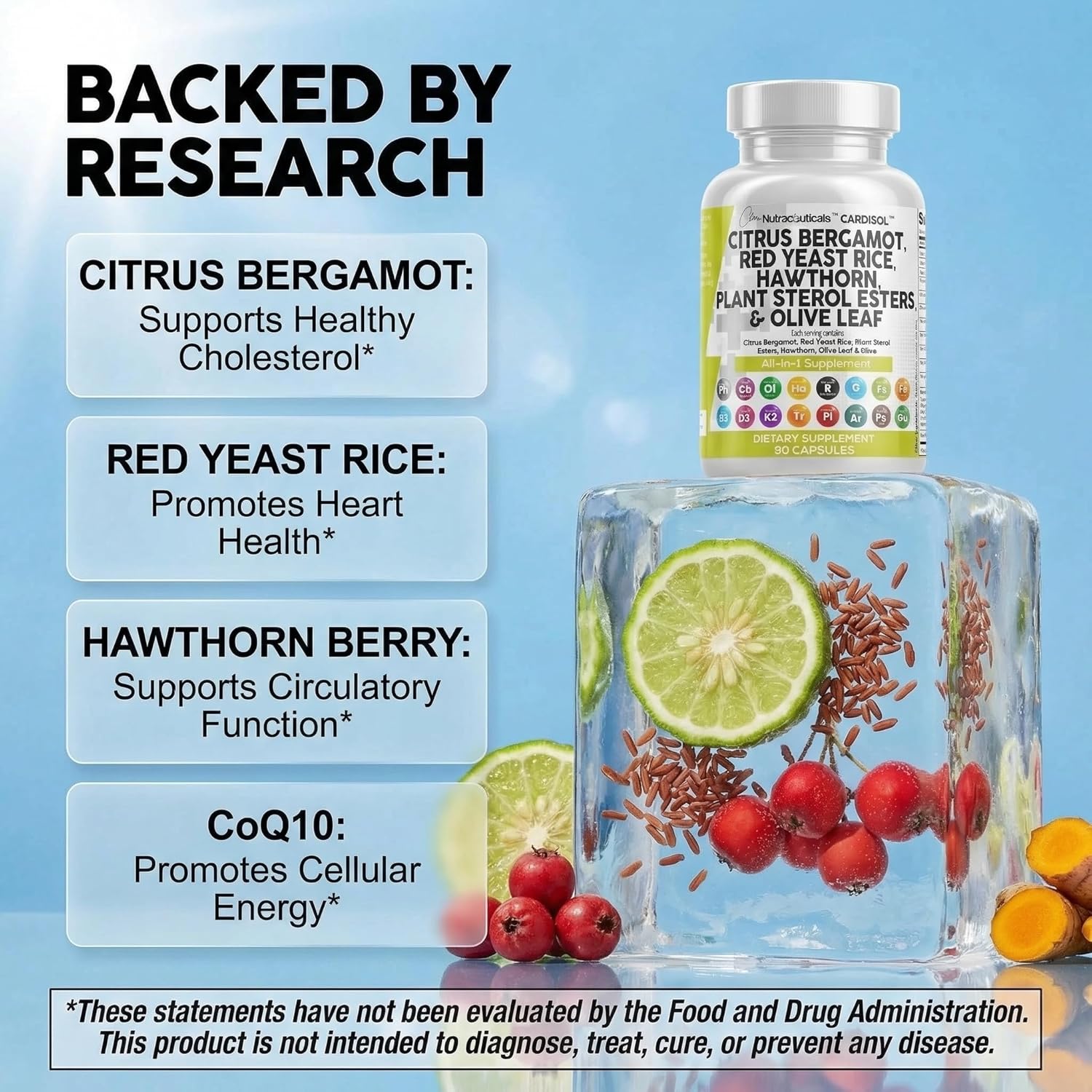 Clean Nutraceuticals Citrus Bergamot Red Yeast Rice Capsules with Plant Sterols - with Hawthorn Extract Olive Leaf Niacin Vitamin K3 D3 COQ10 Guggul & More