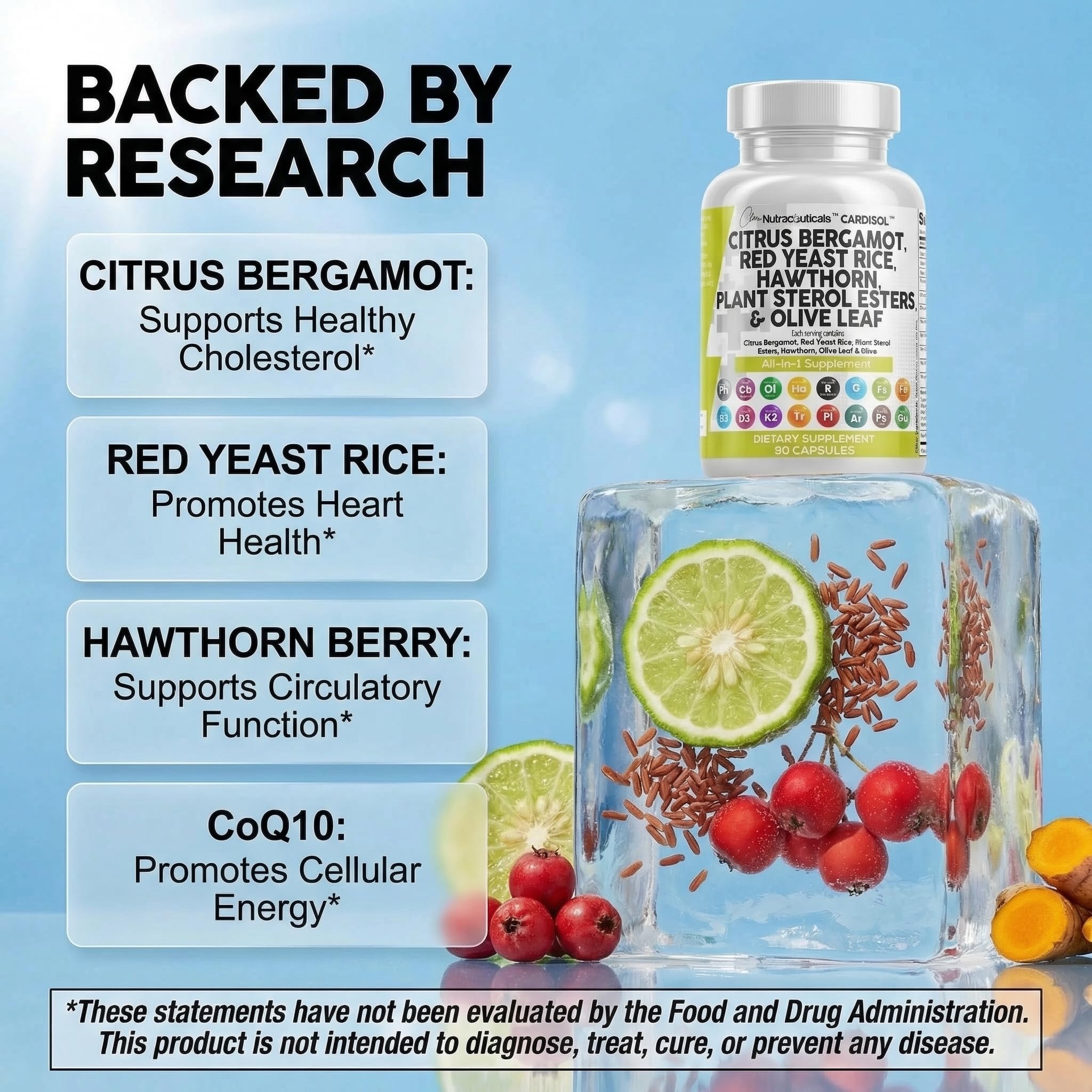 Clean Nutraceuticals Citrus Bergamot Red Yeast Rice Capsules with Plant Sterols - with Hawthorn Extract Olive Leaf Niacin Vitamin K3 D3 COQ10 Guggul & More — Amazon image 3