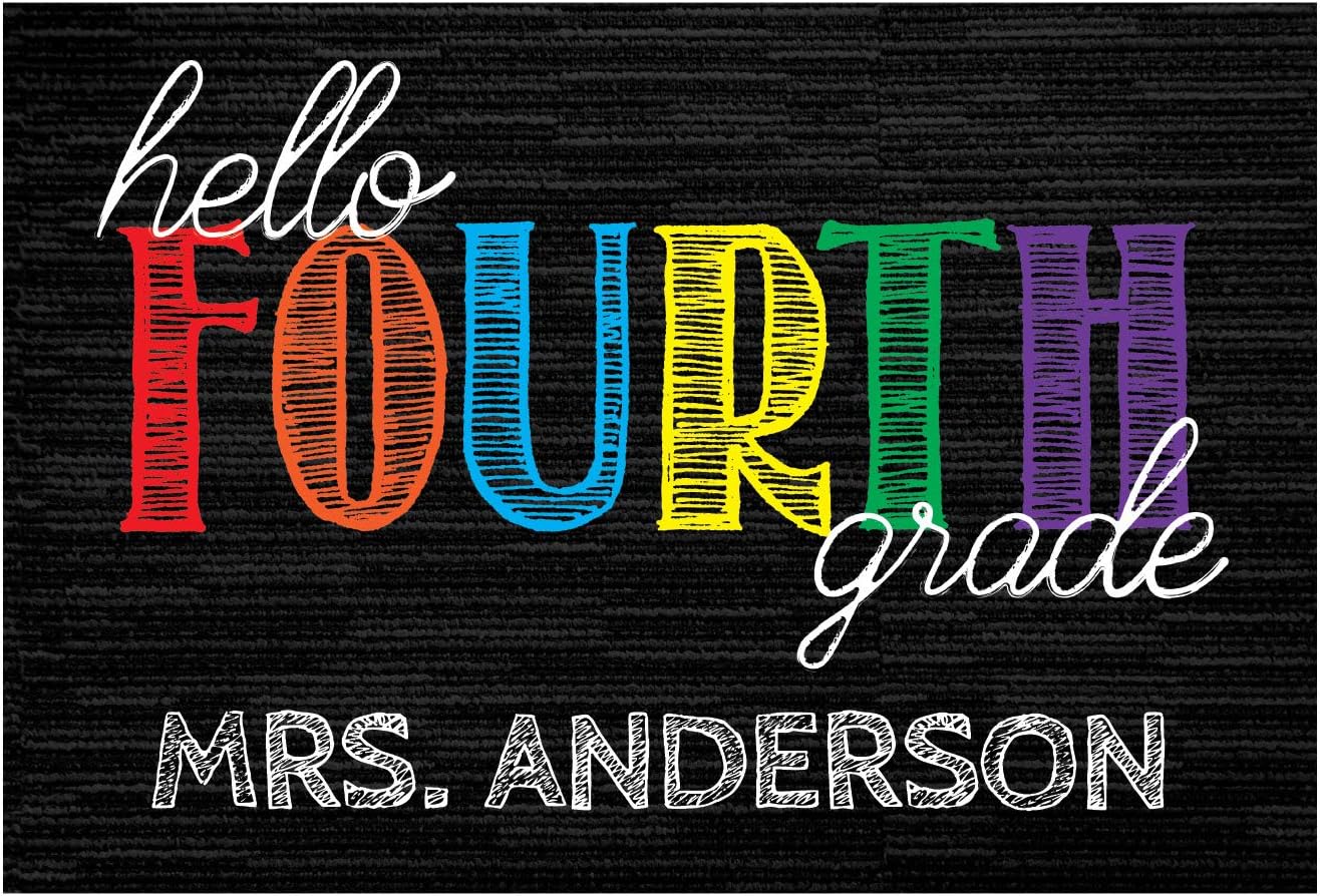 Personalized Planet Hello Second Grade Doormat with Custom Teacher Name Printed on Black Rectangular 1/8” Thick Non Slip Mat for School Classroom or Home, 27x18