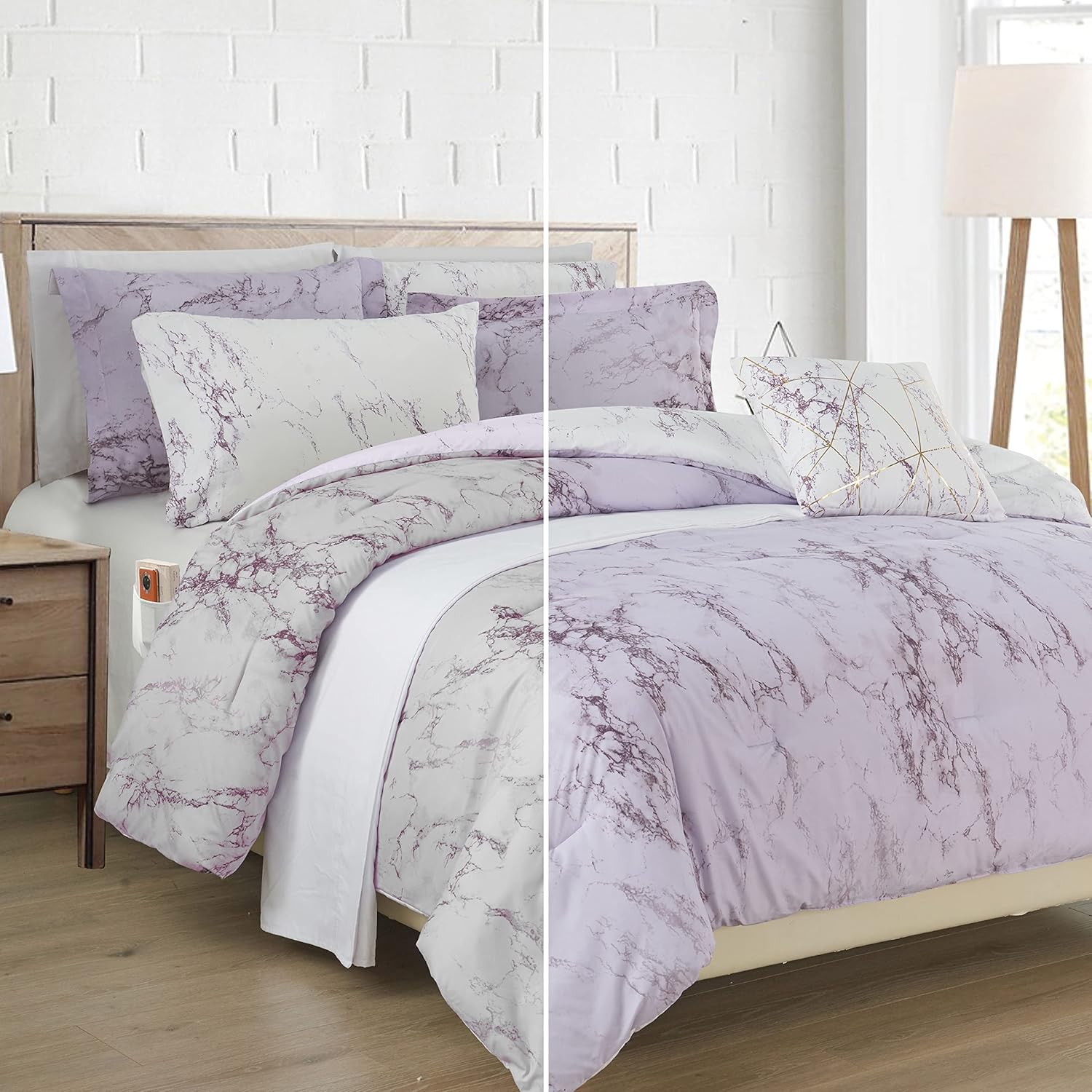 Elegant Comfort Reversible 10-Piece Comforter Set, Marble Print, Decorative Pillow and Fitted Sheet with Smart Pockets, Soft, Plush, & Lightweight Material, 10pc Marble, Full, Lilac/Purple