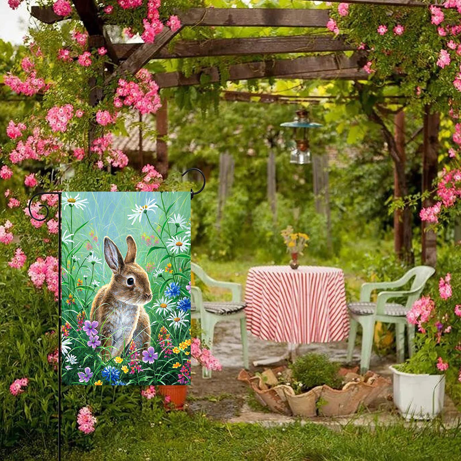 Drapeau De Jardin En Forme De Lapin De Pâques - Motif Floral Coloré