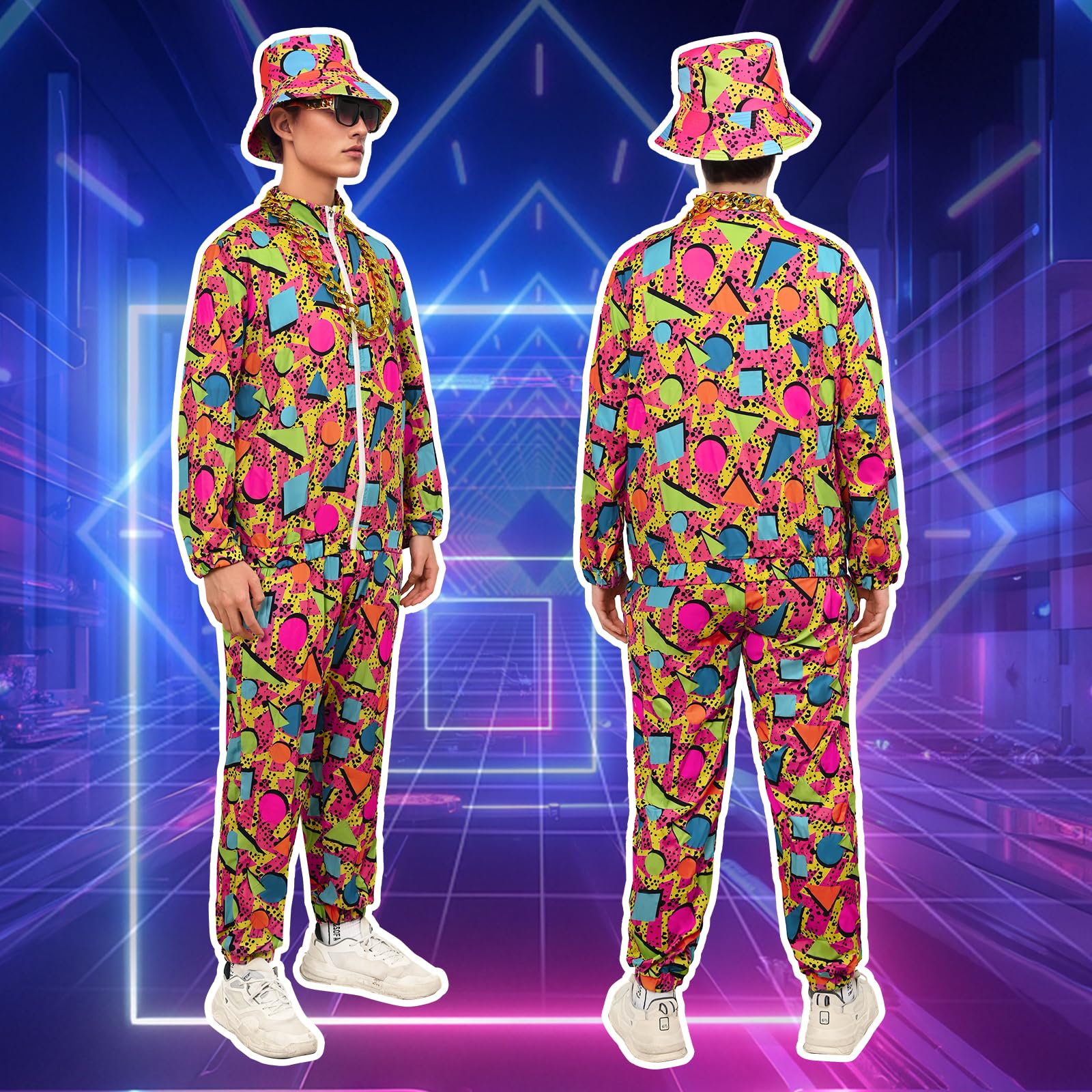 Strój dla mężczyzn w stylu lat 80. i 90., dres treningowy, hip-hopowa, wiatrówka z lat 90., dyskoteka, odzież sportowa, na imprezę, lata 80., fantazyjny kostium dla dorosłych, 8 szt