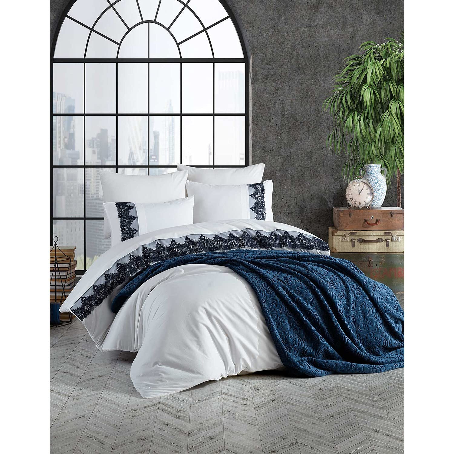 Elart Duvet Set 6 Pieces %100 Cotton Duvet Set, White/Blue, Duvet Cover 200x220, Bed Sheet 240x260, Pillow Cases Type 1 50x70(2), Pillow Cases Type 2 50x70(2)