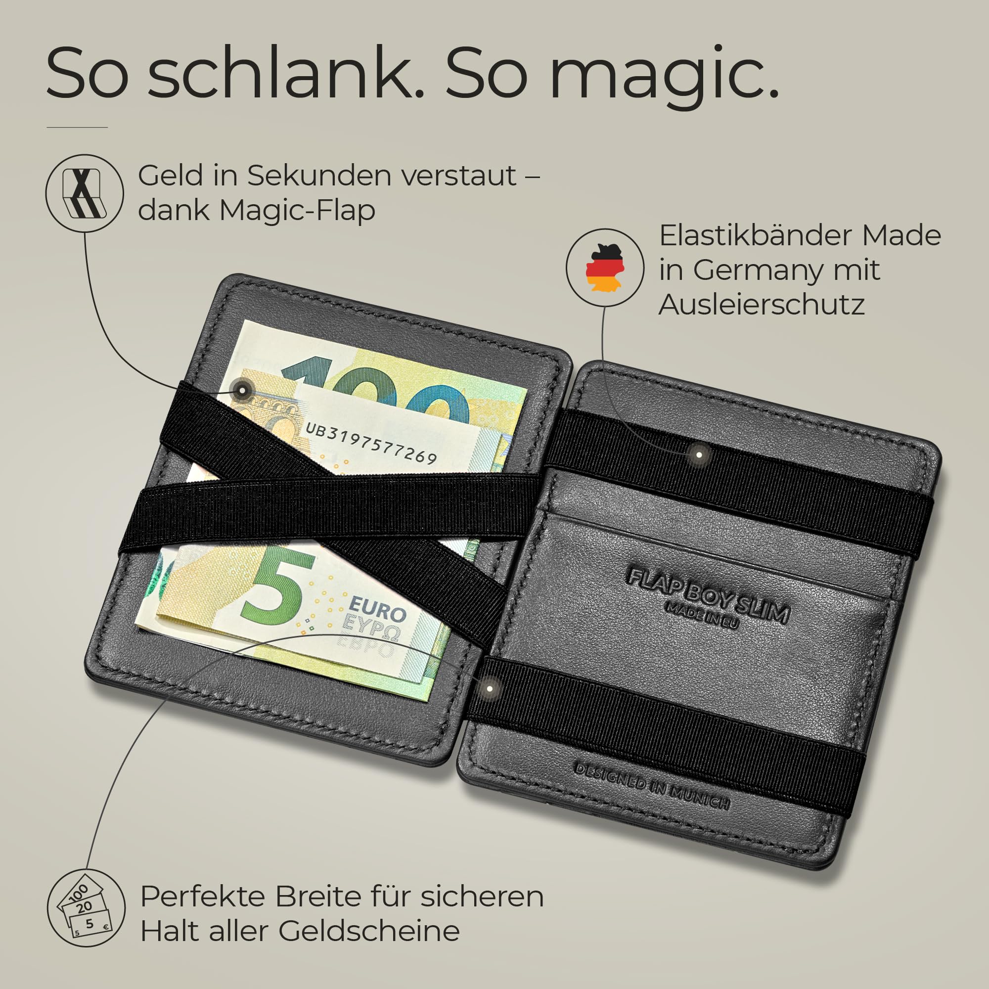 Jaimie Jacobs Flap Boy Slim Magic Wallet RFID Leder ohne Münzfach | Dünner Geldbeutel, 8-16 Karten, Geldscheine, Magic-Flap, 0,8 cm dünn, TÜV-RFID-Schutz & echtes Leder
