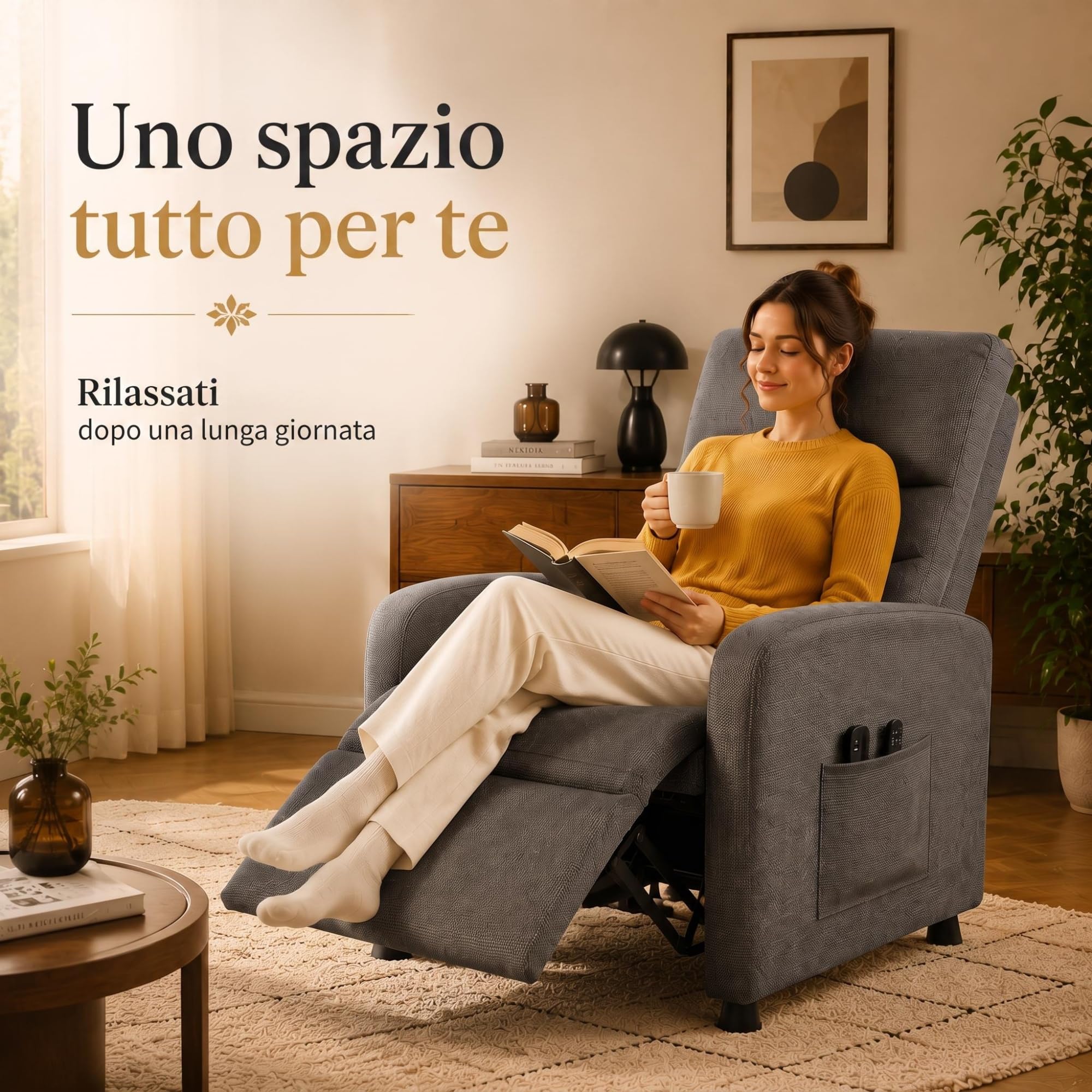 Poltrona Relax Elettrica Reclinabile con Massaggio a 4 Zone, Calore Lombare, Poggiapiedi e Supporto 180 kg – Tessuto in Lino, Struttura in Acciaio, Marrone EU JJ10-5