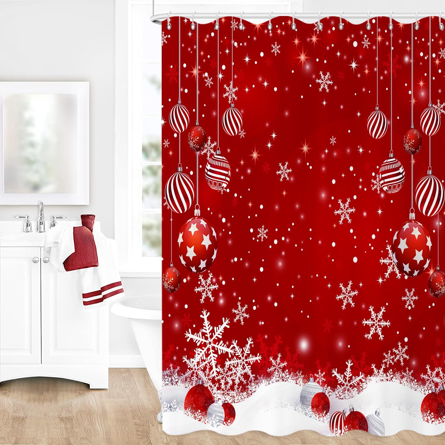 HSOWKDN Christmas Winter Snowflake Shower Curtain with 12